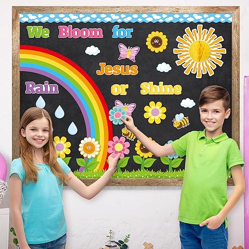 Miniatura 5 de BeYumi Juego de 88 tablones de anuncios cristianos con texto en inglés "We Bloom for Jesus" Rain or Shine, Spring Rainbow Sun Honeycomb Flowers