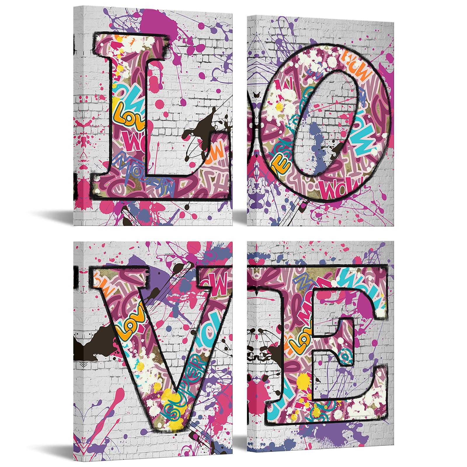 BPA 4 Piece Love Canvas Prints Graffiti Street Art Painting Pictures Modern Artwork Poster for Living Room Bedroom Bathroom Wall Decor Framed Ready to Hang