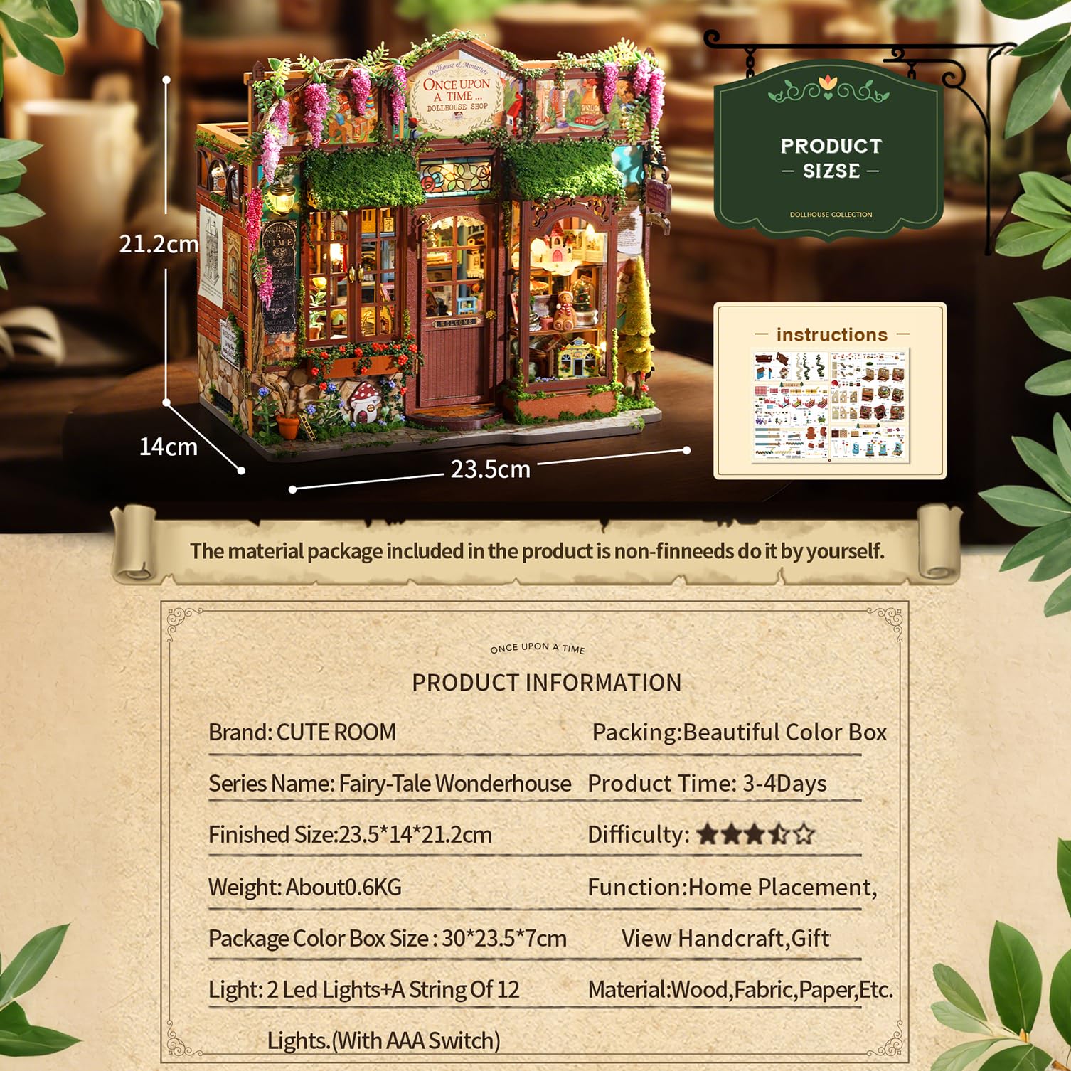 CUTEROOM DIY Miniature House Kit-Fairy Tale Kingdom, Tiny Dollhouse Wooden Furniture Kit - Image 2