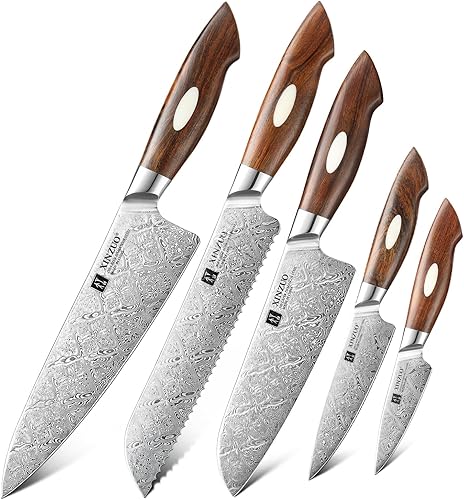 XINZUO Juego de cuchillos de Damasco de 5 piezas, 110 capas de acero de Damasco profesional con caja de regalo, afilado para carne, corte de