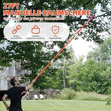 Pole Pruning Saw 27 Foot Tree Pruners Long Reach Telescopic, Manual Pole Saw Adjustable Length, with Blade and Cut Resistant Gloves, Telescopic Tree Pruner for Palm Oak High Branch