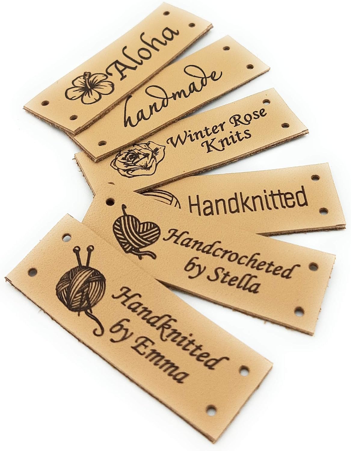 labels for knitting, labels for crochet, leather labels for handmade items, personalized labels, custom clothing labels