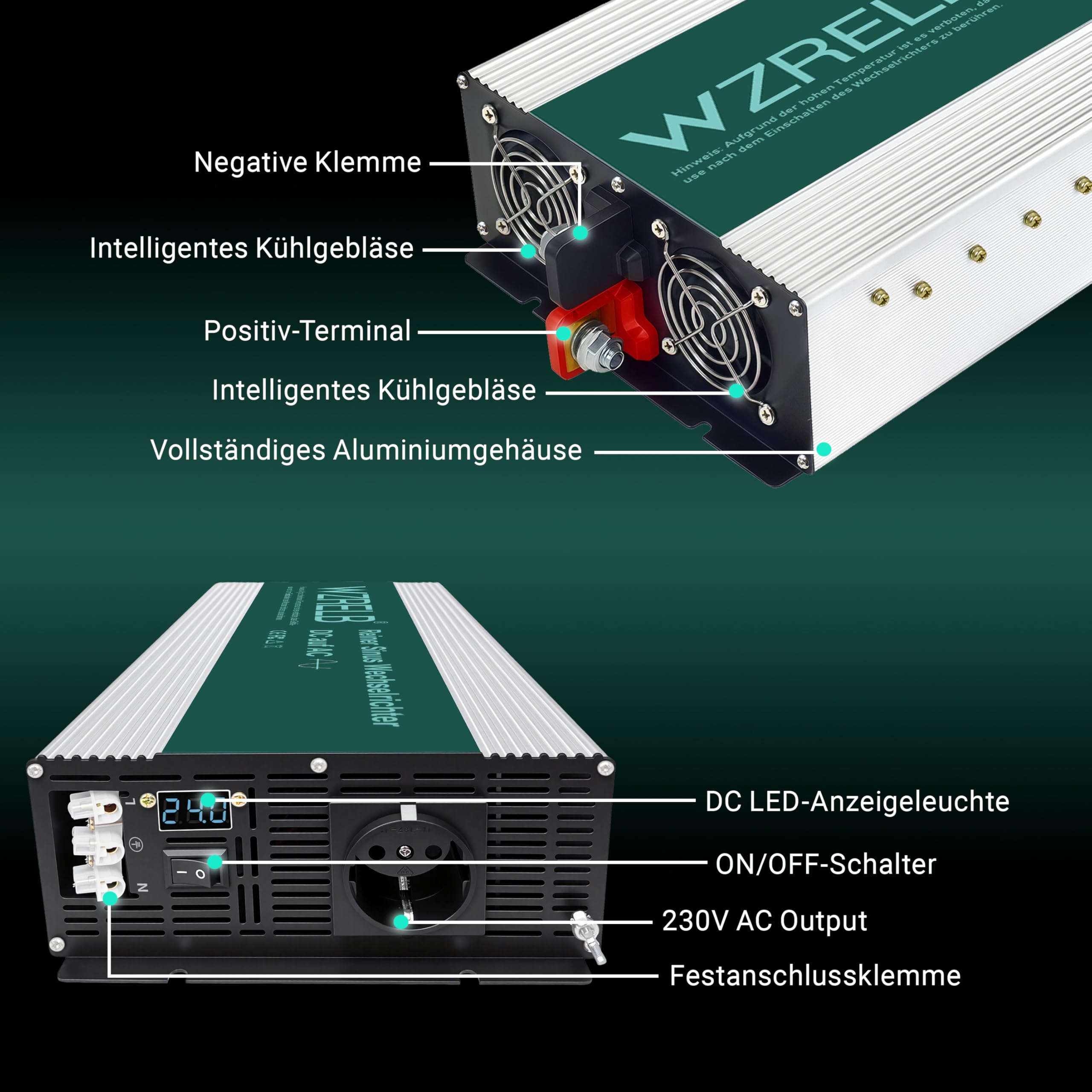 WZRELB Wechselrichter 24V auf 230V Reiner Sinus 5000W -Power Solar Inverter mit LED-Anzeige, DC AC ，1x Schuko, geeignet für Zuhause, Wohnmobile, LKW und Camping