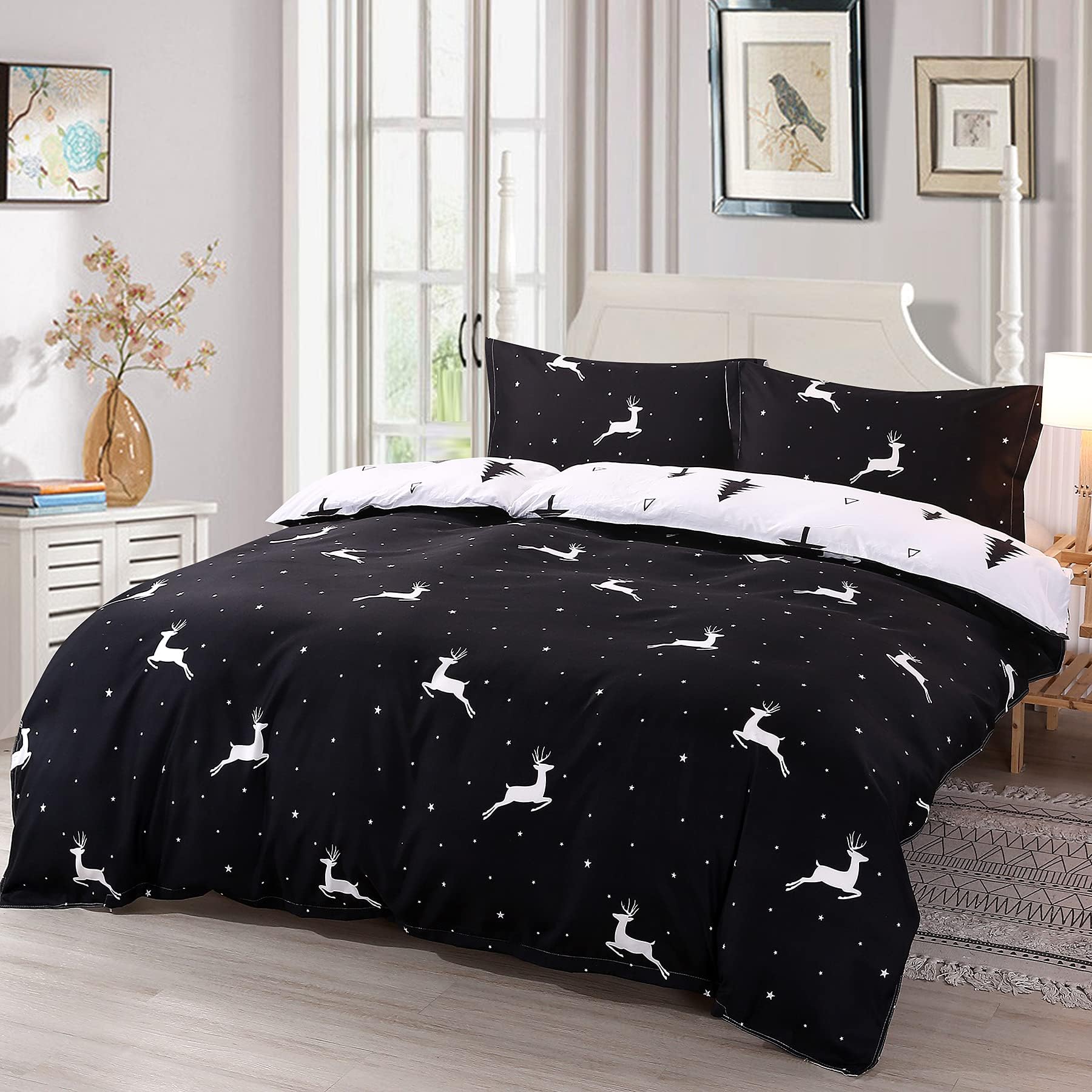 Mengersi Christmas Deer Bedding Pillowcase Duvet Cover Set with Zipper (Queen, White Deer)