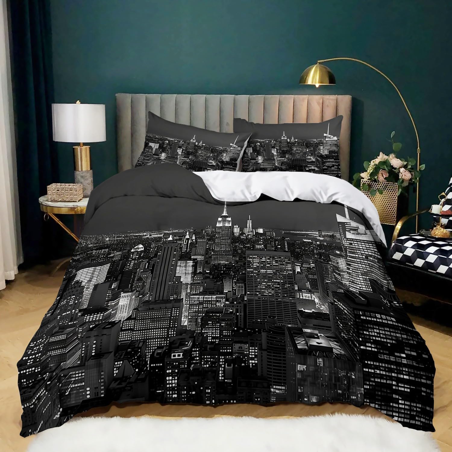 Funda Nordica Cama 105 Ciudad Negra de Nueva York 200x200 cm Juego de Ropa de Cama de 3 Piezas de Microfibra Suave con Cremallera Oculta y 2 Fundas de Almohada, para Adultos y Niños