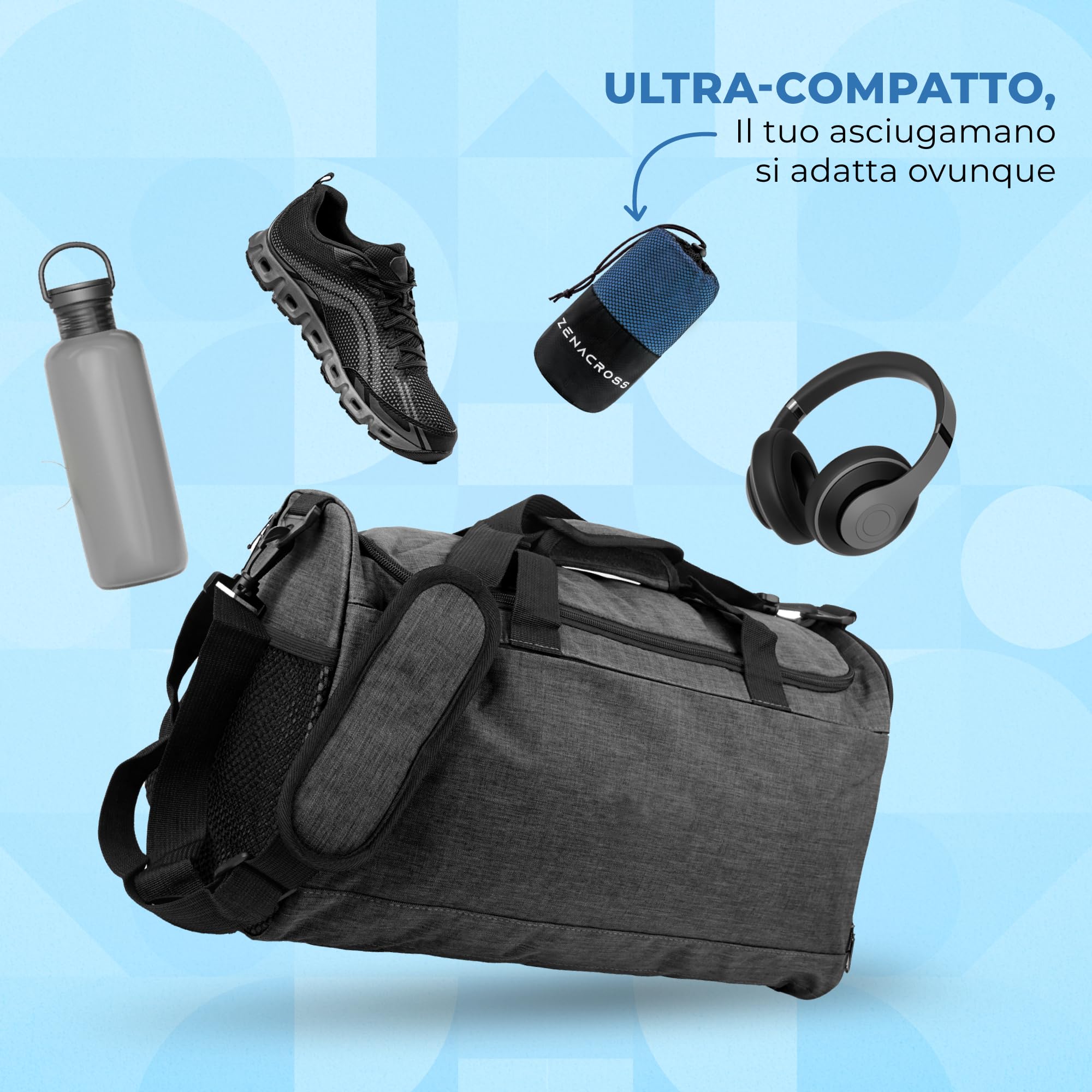 Zenacross Asciugamano Palestra con Borsa per il Trasporto - Asciugamano Microfibra a Rapida Asciugatura e Versatile - Telo Palestra Taglie S - 100 x 50 cm - Blu Marino