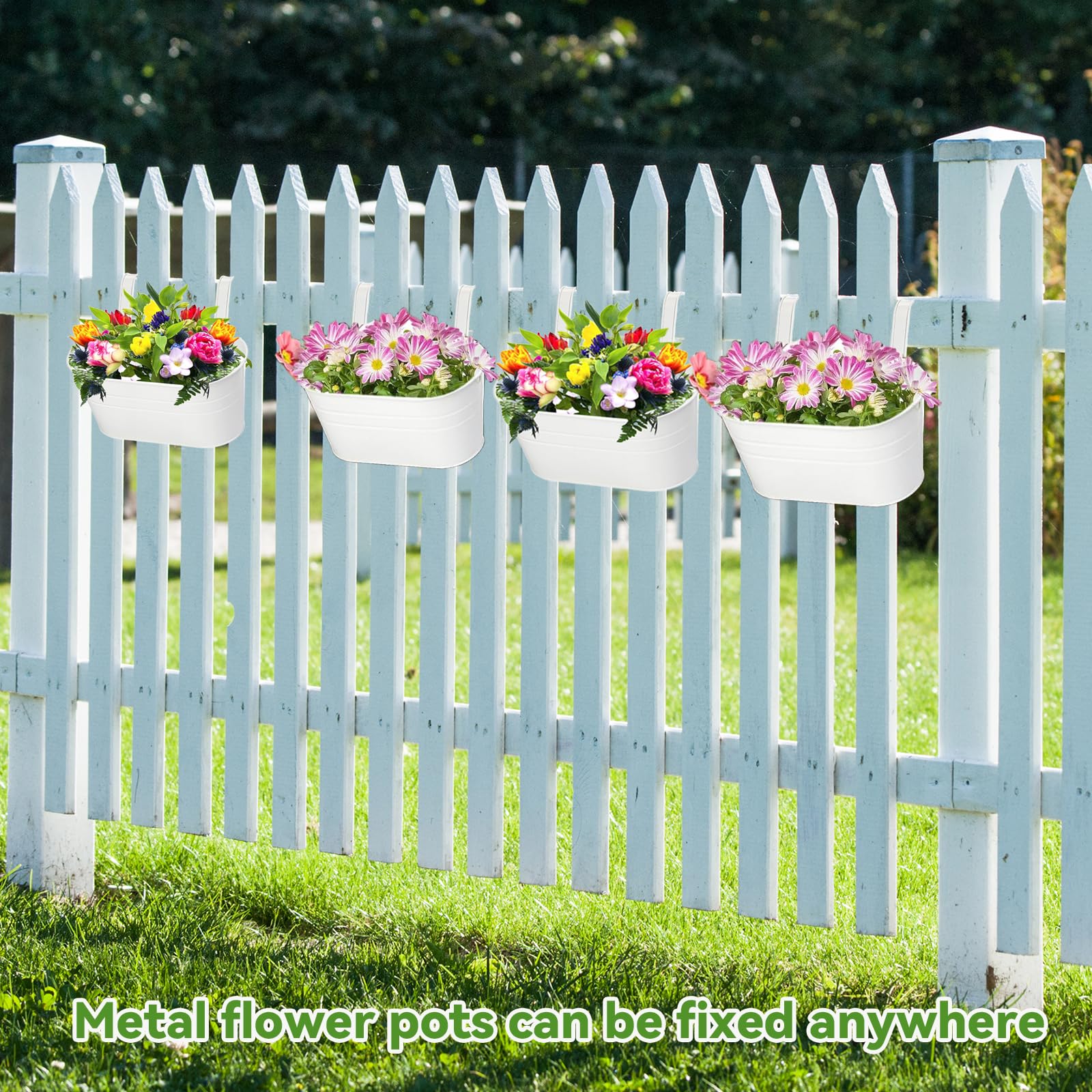 4 Stück Metall Blumentopf Hängend, Groß Hängetopf für Pflanzen, 27cm Blumentöpfe zum Aufhängen, Mit Abflussloch, für Balkonzäune, Gartendekoration, Mauerzäune (Weiß)