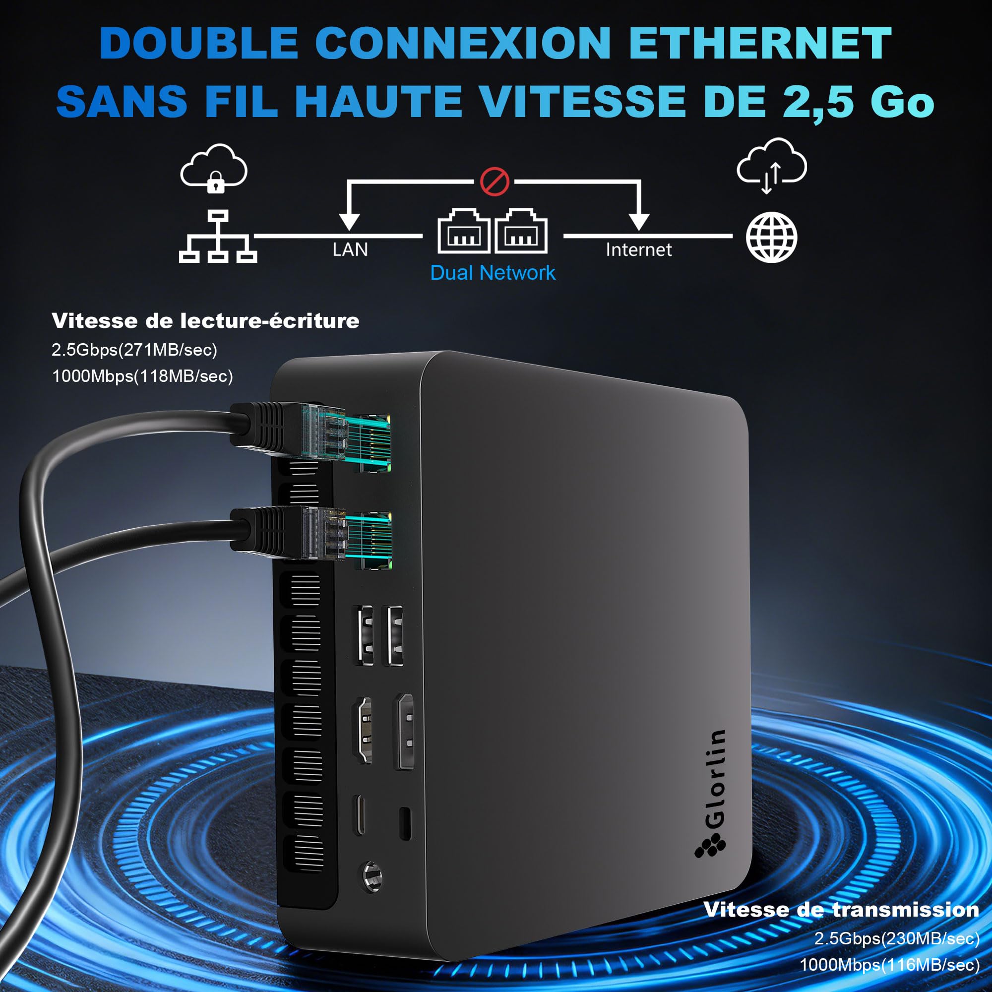Glorlin GT105 Mini PC,AMD Ryzen 7 8745HS (8C/16T,jusqu'à 4.9Ghz),16Go DDR5 1To NVMe SSD,AMD Radeon 780M,Mini Ordinateur de Bureau W11-Pro pour Bureau/Gaming,Double 2.5G LAN,WiFi 6,BT 5.3,USB4.0