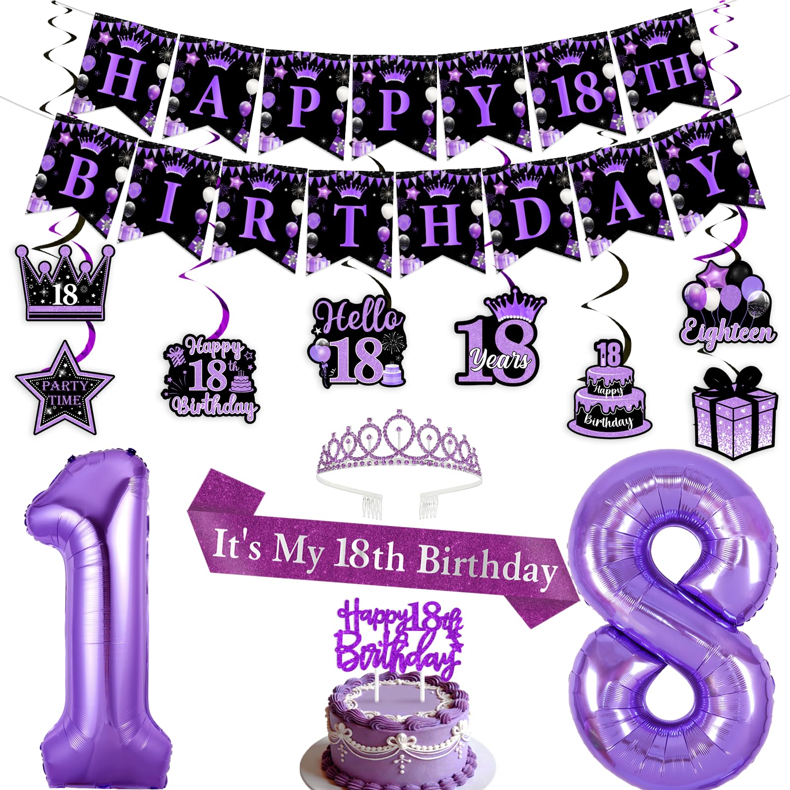 Funmemoir Black and Purple 18th Birthday Decorations for Her - Purple Tiara, Sash, Hanging Swirls, Cake Topper, Foil Balloons and Banner for Girls Women Happy 18th Birthday Party Supplies