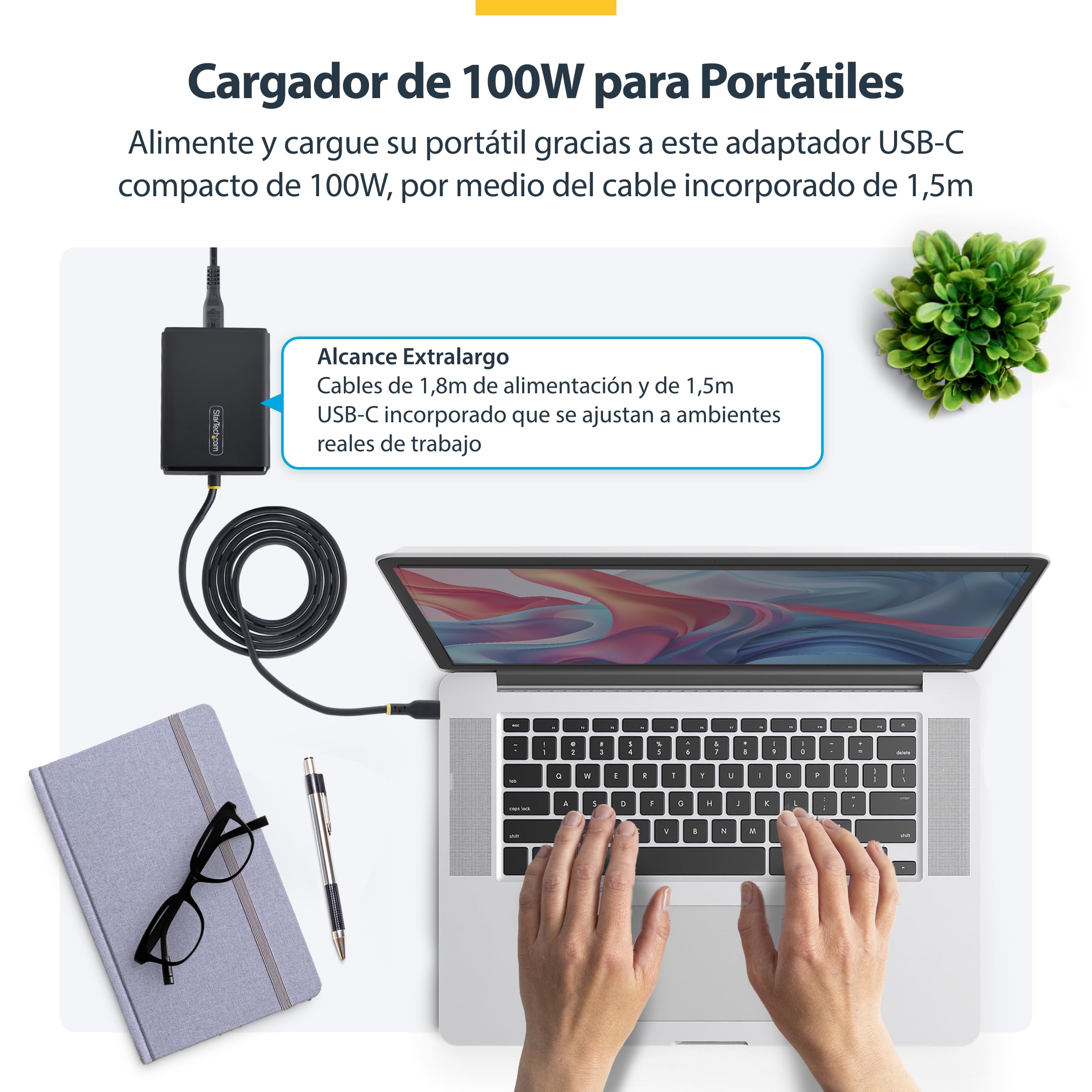 StarTech Cargador USB-C 100W Portátil Cable 1,5m MacBook Pro DELL XPS | Cable de alimentación de 1, 8m, Certificación ETL y CE, Cumple con DOE Nivel VI