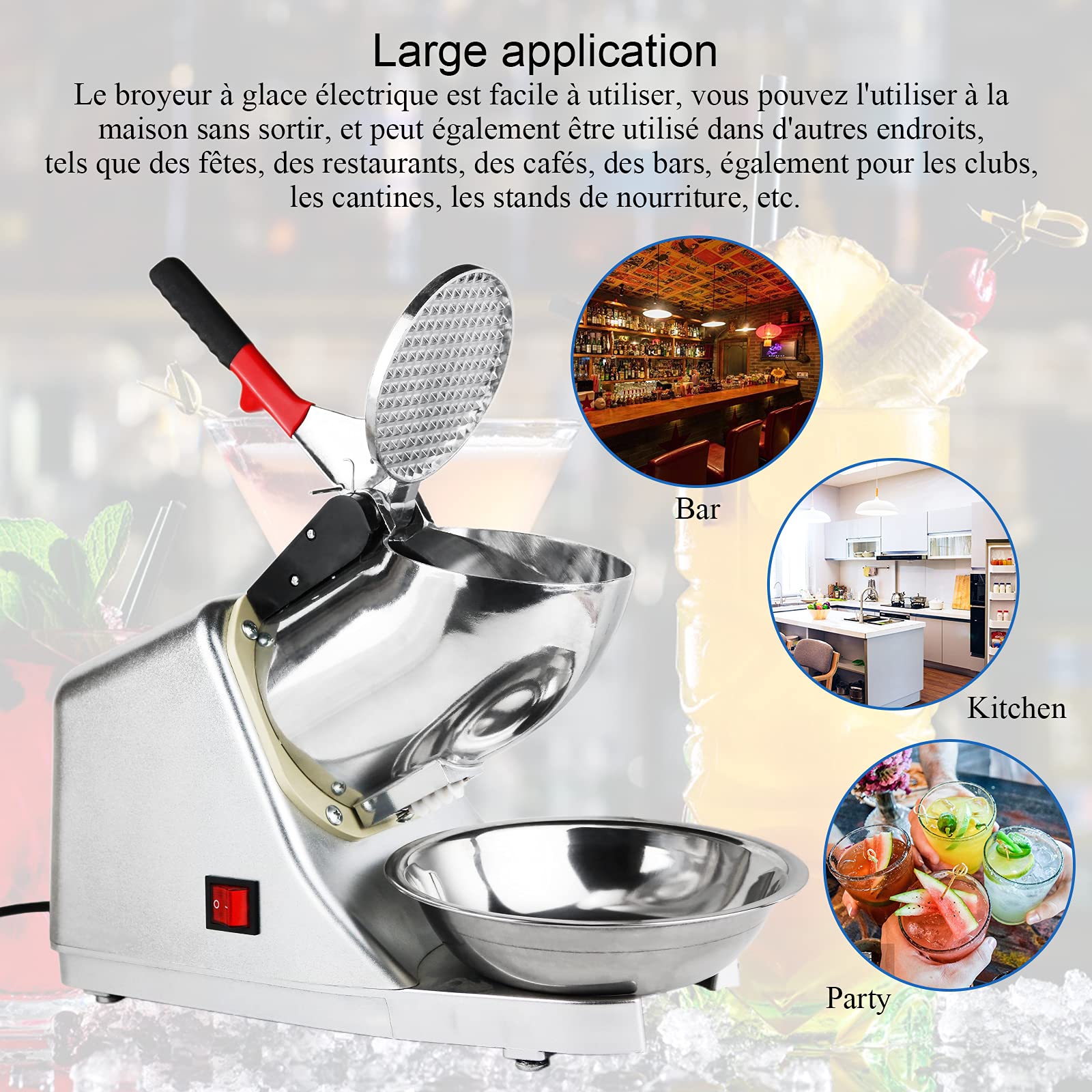 Broyeur à Glace Electrique,Machine à Glace pilée 300 W, 220 V-240 V,Snow Cone Maker Machin Volume de Glace concassée 65 kg/h,Convient à de commerce et de ménage(plata)