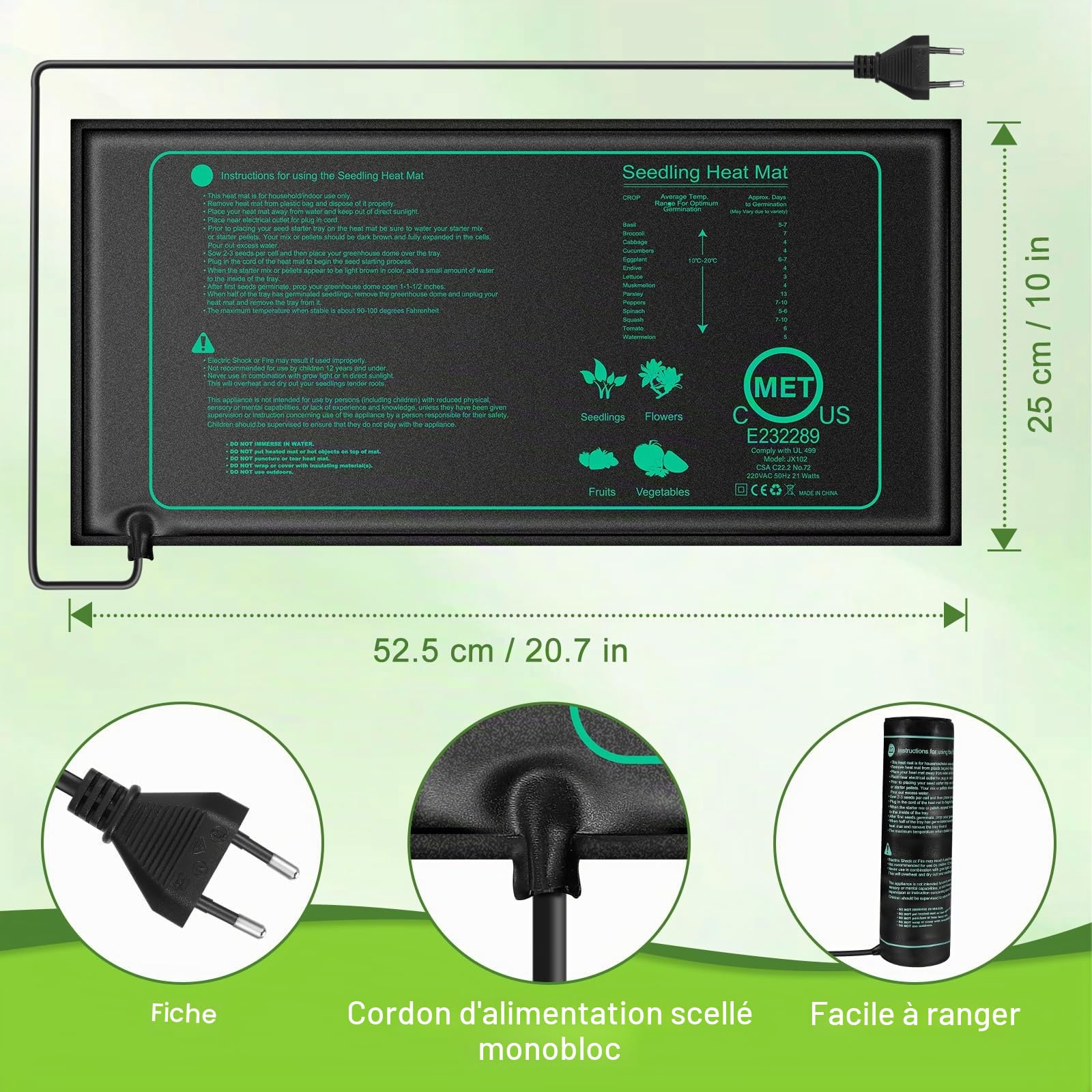 2 Pack Tapis Chauffant pour Semis, 20 Watts Étanchéité Tapis Chauffant pour Plantes, Tapis Chauffant Bouturages, pour Intérieur de Serre Germination Reptile Amphibien, Sûr Et Durable, 52.5 × 25 cm