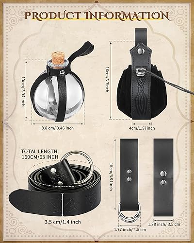Vista 26 de Sweetude Cinturón renacentista medieval vikingo poción botellas de cuero cinturón bolsa falda senderismo 6 piezas