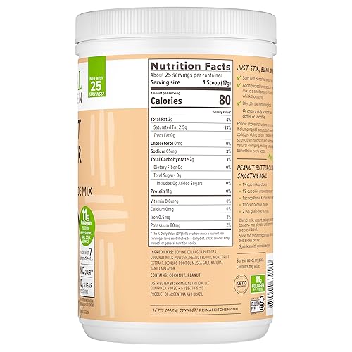 Miniatura 2 de Primal Kitchen Mezcla de bebida Collagen Fuel con sabor a mantequilla de maní, péptidos de colágeno, sin lácteos, 14.3 onzas