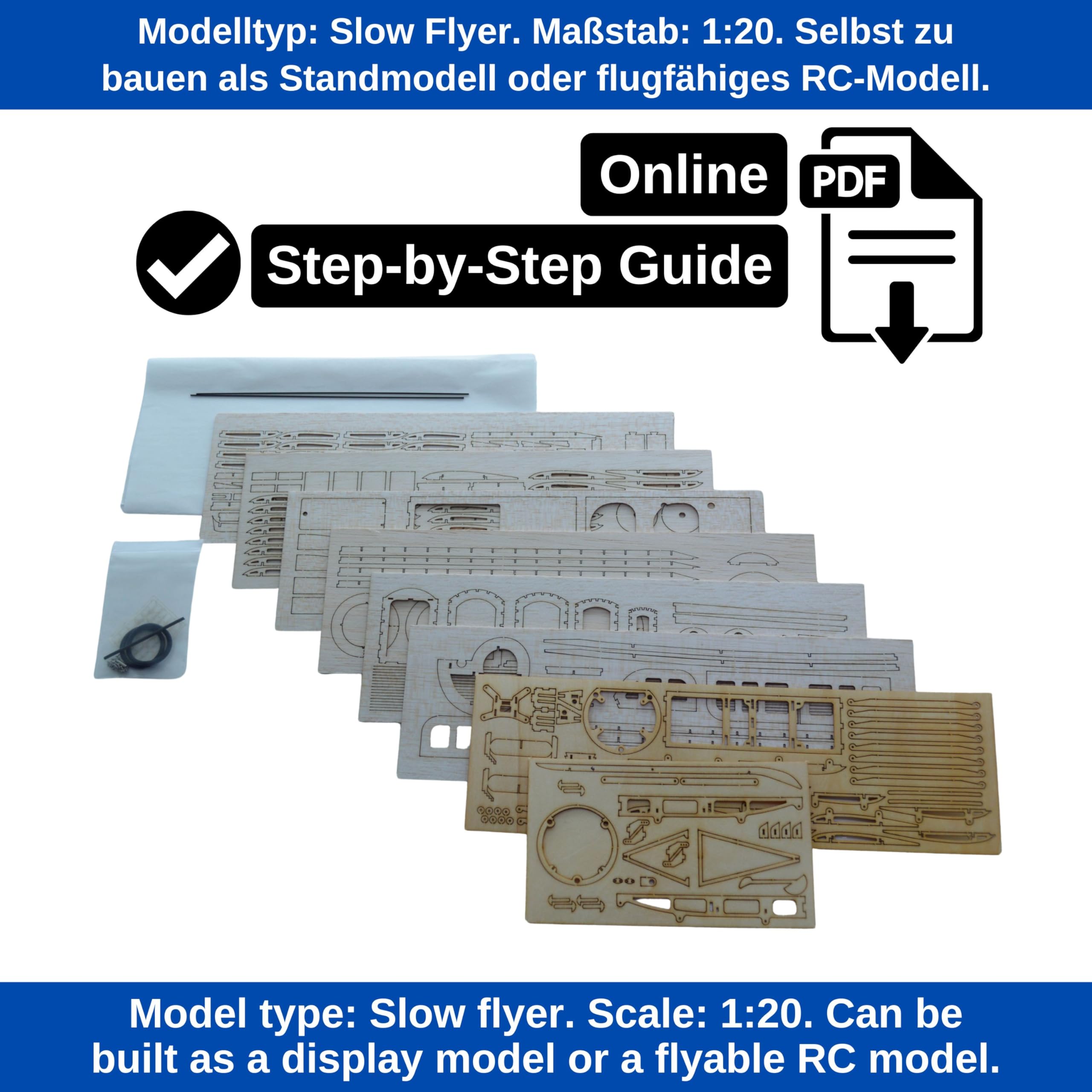 Avro 504k Slow Flyer Modellflugzeug Kit, Maßstab 1:20, 505 mm Spannweite, RC Flugzeugmodell Baukasten, Modell Flugzeug zum selbst Bauen, gelaserte Balsa Holz Bauteile, 505 x 390 x 152 mm, 70 g RTF