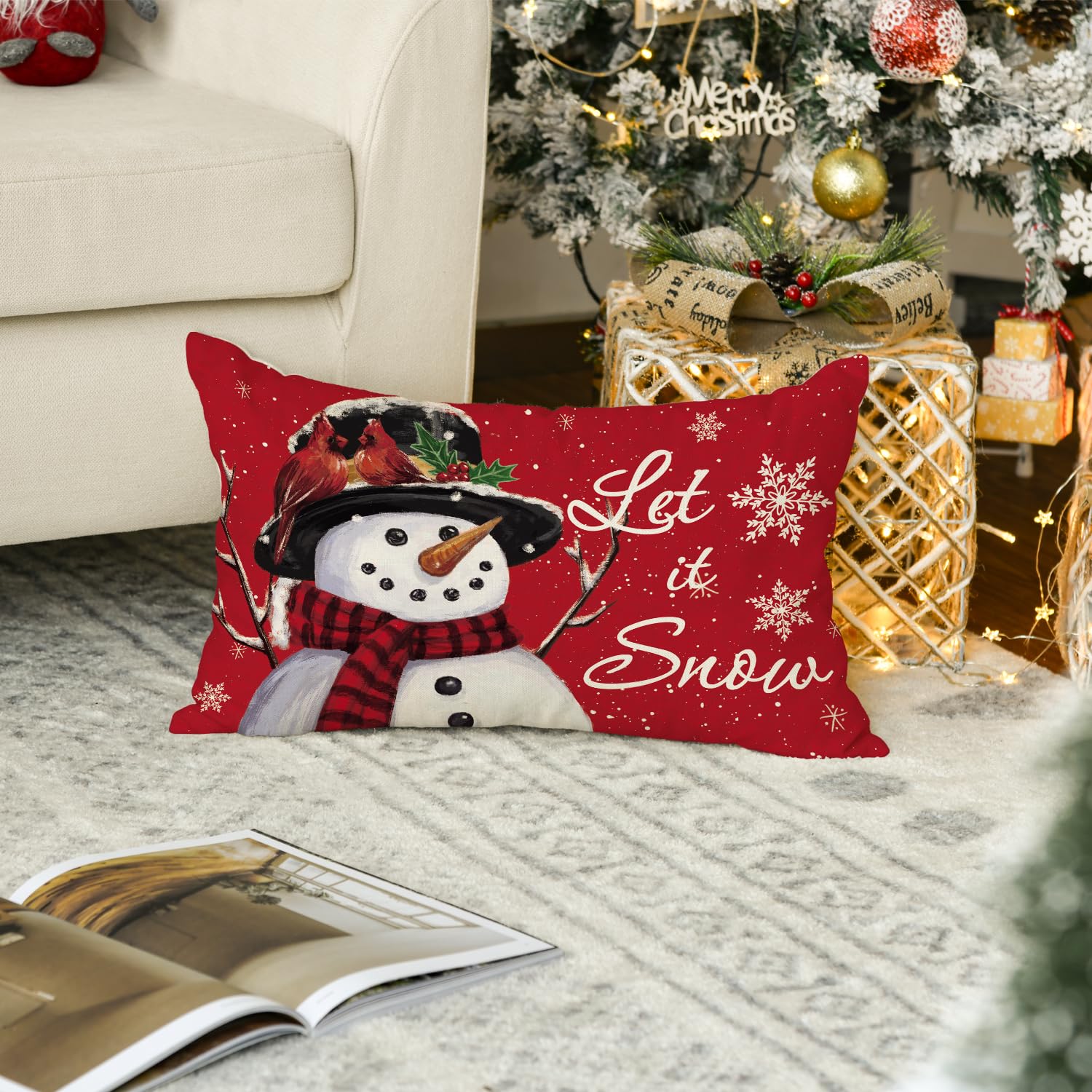 Let it Snow - Funda de almohada de Navidad, muñeco de nieve, 12 x 20 pulgadas, decoración de sofá 5