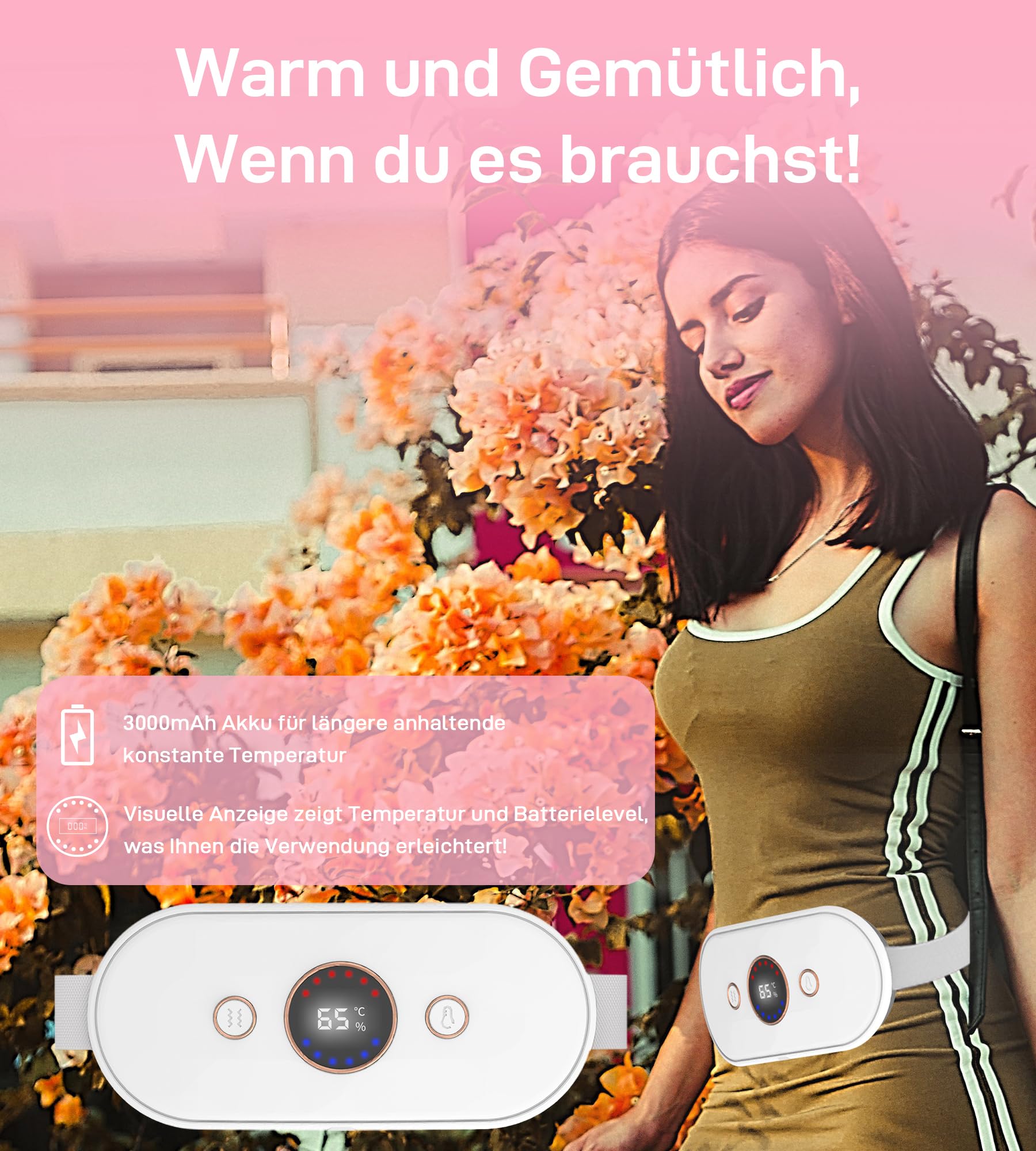 Auskang Perioden Ceinture chauffante avec 6 niveaux de chaleur et 6 modes de massage, coussin chauffant sans fil, ceinture chauffante pour le dos, aide menstruelle - Cadeau pour femmes et filles