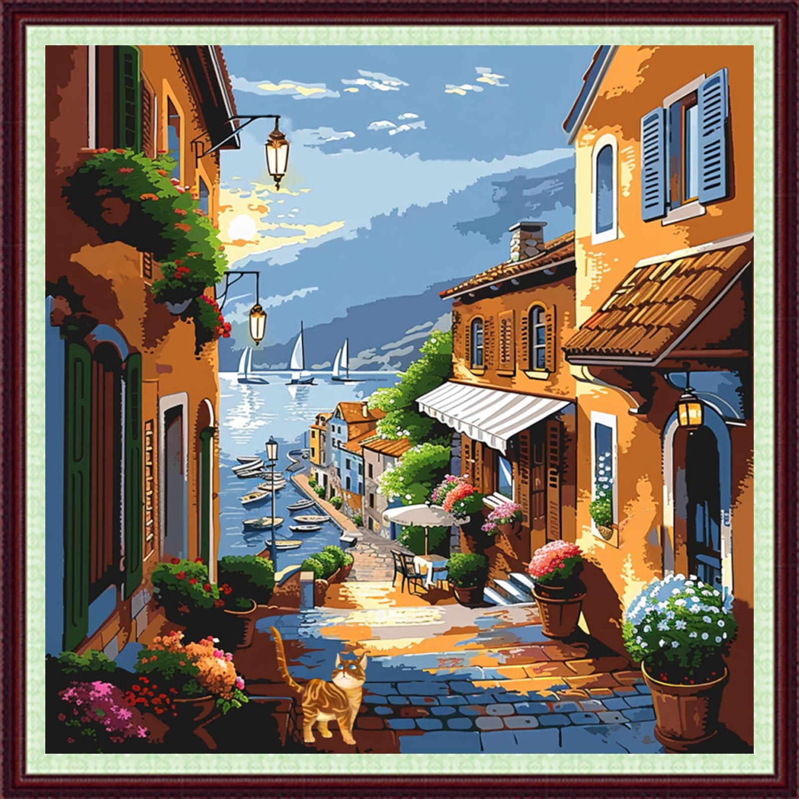 Dooxvey Cross Stitch Kits for Adults Beginners,Full Range of Cross-Stitch Stamped Kits Needlepoint Kits for Beginners Embroidery Kits 11CT Cross Stitch Patterns-Seaside Street Scenery 18x18 inch