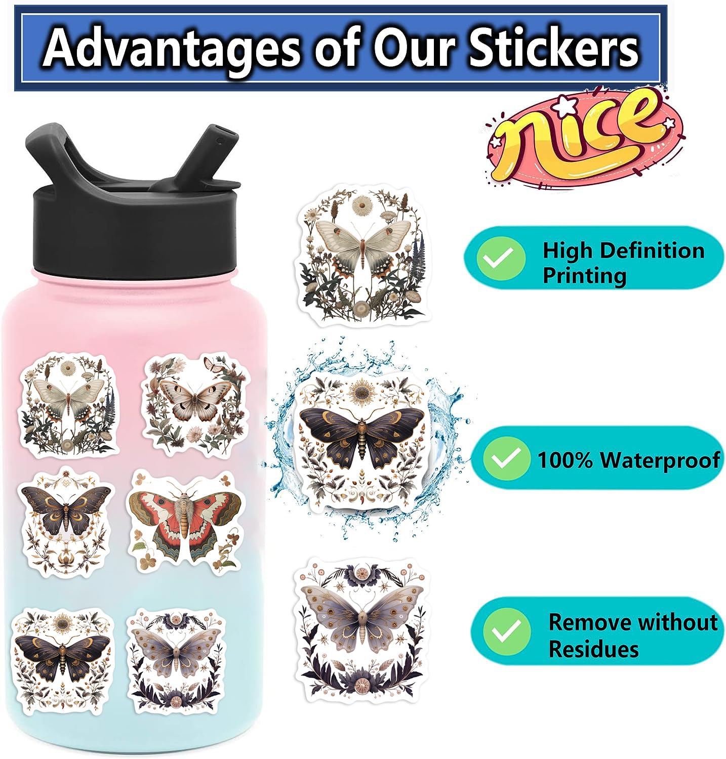 Adesivi a forma di falena per scrapbooking, adesivi estetici a forma di animali, 50 pezzi, adesivi colorati in vinile impermeabili, per bottiglie d'acqua, laptop, accessori per feste a tema animali