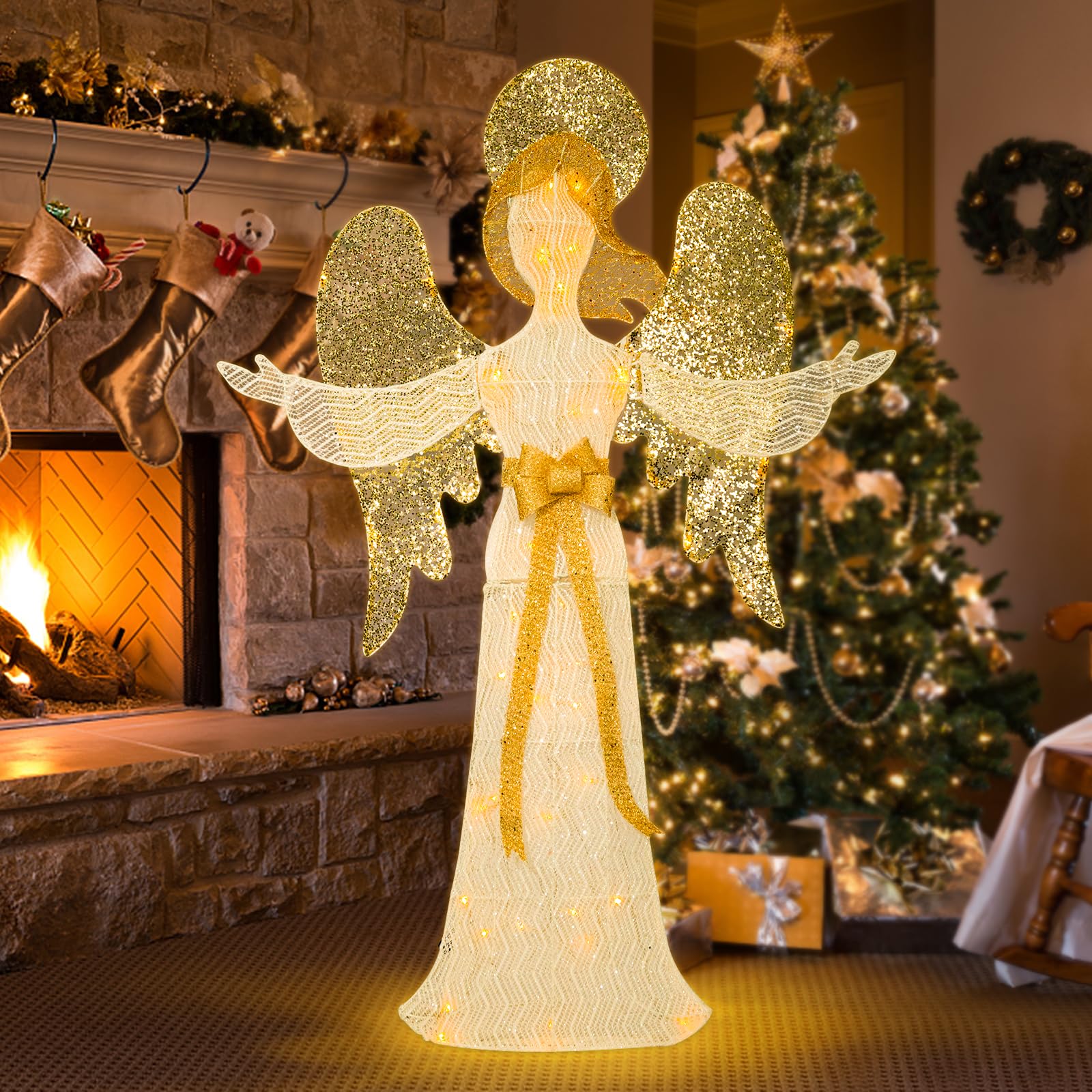 Vigdur 4 FT Lighted Christmas Angels - 3D Glittered Christmas Angel Decorations with Led Lights, Halo, Bow, Ground Stakes, Outdoor Christma Decoration for Xmas Lawn Yard Garden