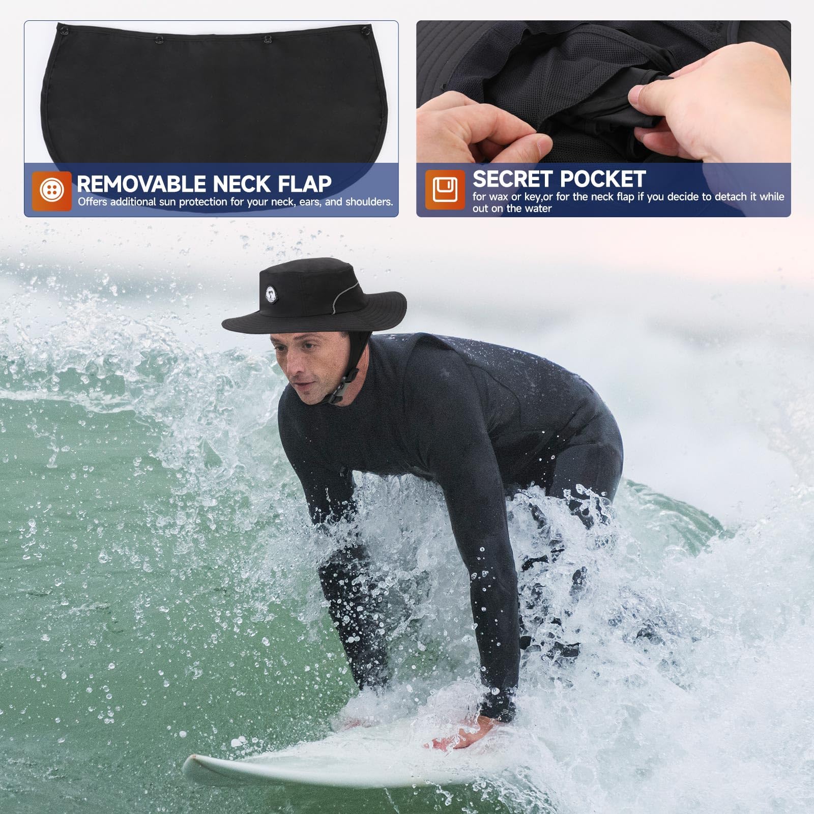 Tontron Cappello da surf con sottogola e patta per il collo, per surf, SUP, kayak e sport acquatici