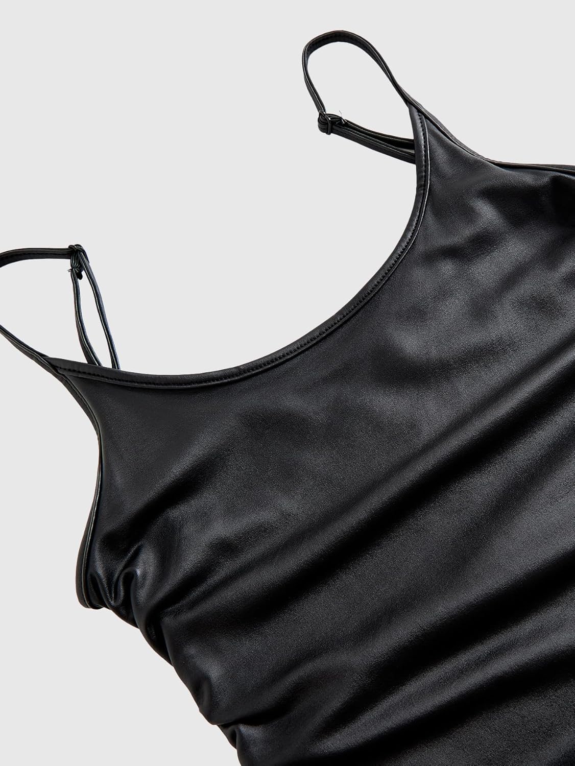 Women's Leather Mini Dress Ruched Scoop Neck Bodycon Party Club Dresses Streetwear - Image 3