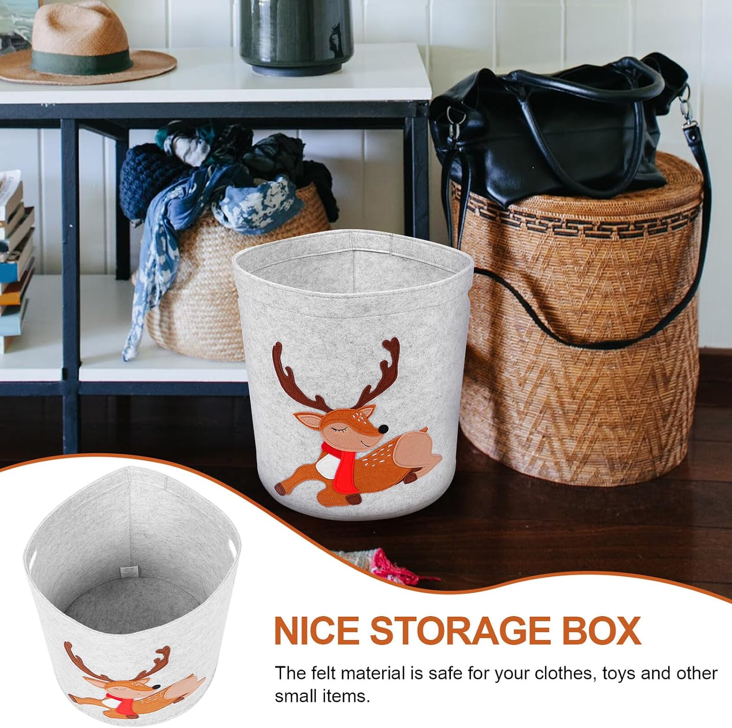 Cartoon Storage Basket Laundry Hamper Felt Organizer Thickened Embroidered Christmas Deer Design 35x32cm ’ Storage Bin for Home Use