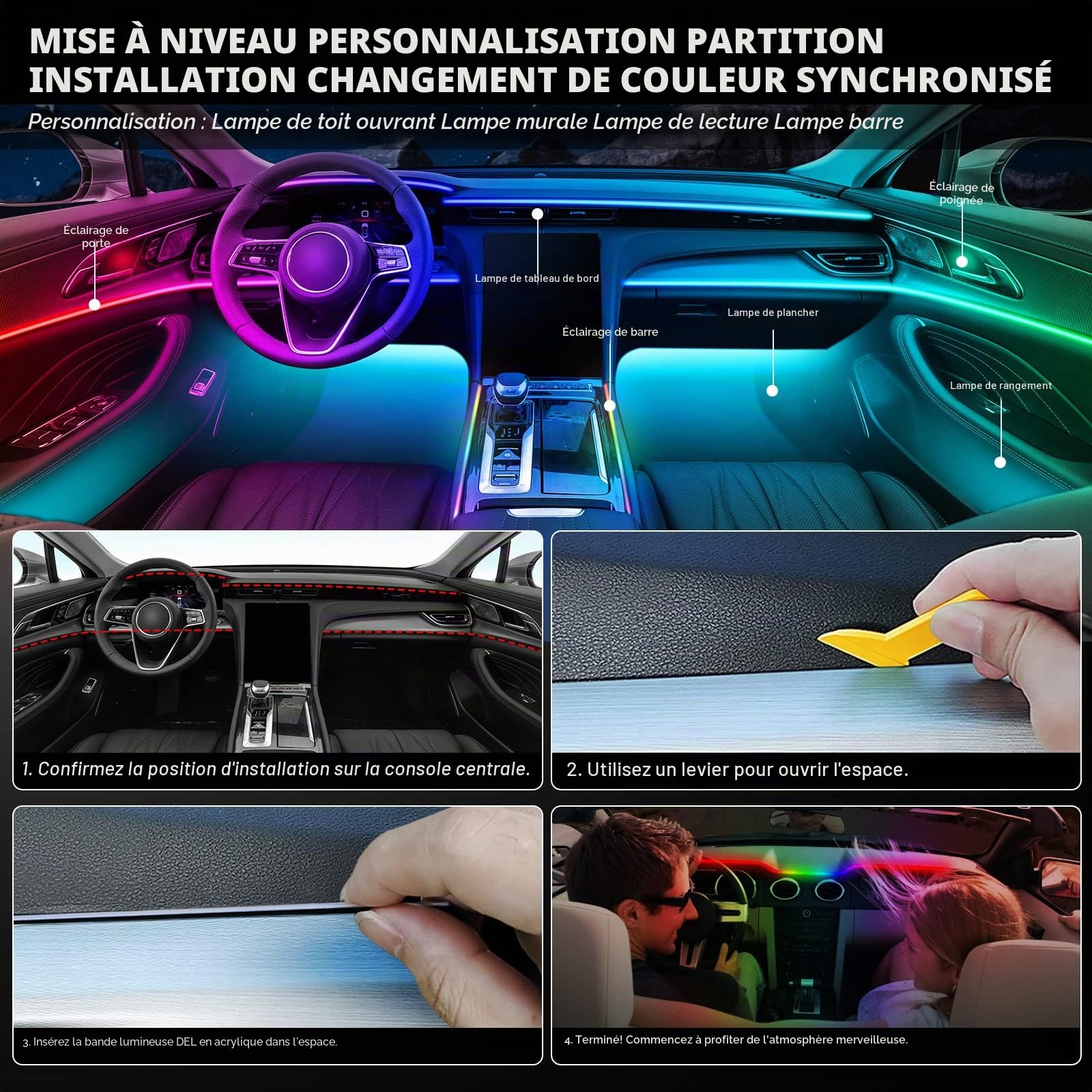 Bande LED acrylique voiture application sans fil RVB 10 en 1 kit éclairage d'ambiance 175 pouces 593 LED fibre optique 16M couleurs