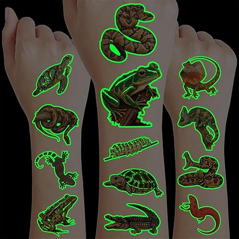 96 PCS Reptile Luminous Temporary Tattoos Glows Pre-Cut Birthday Party Decorations ...