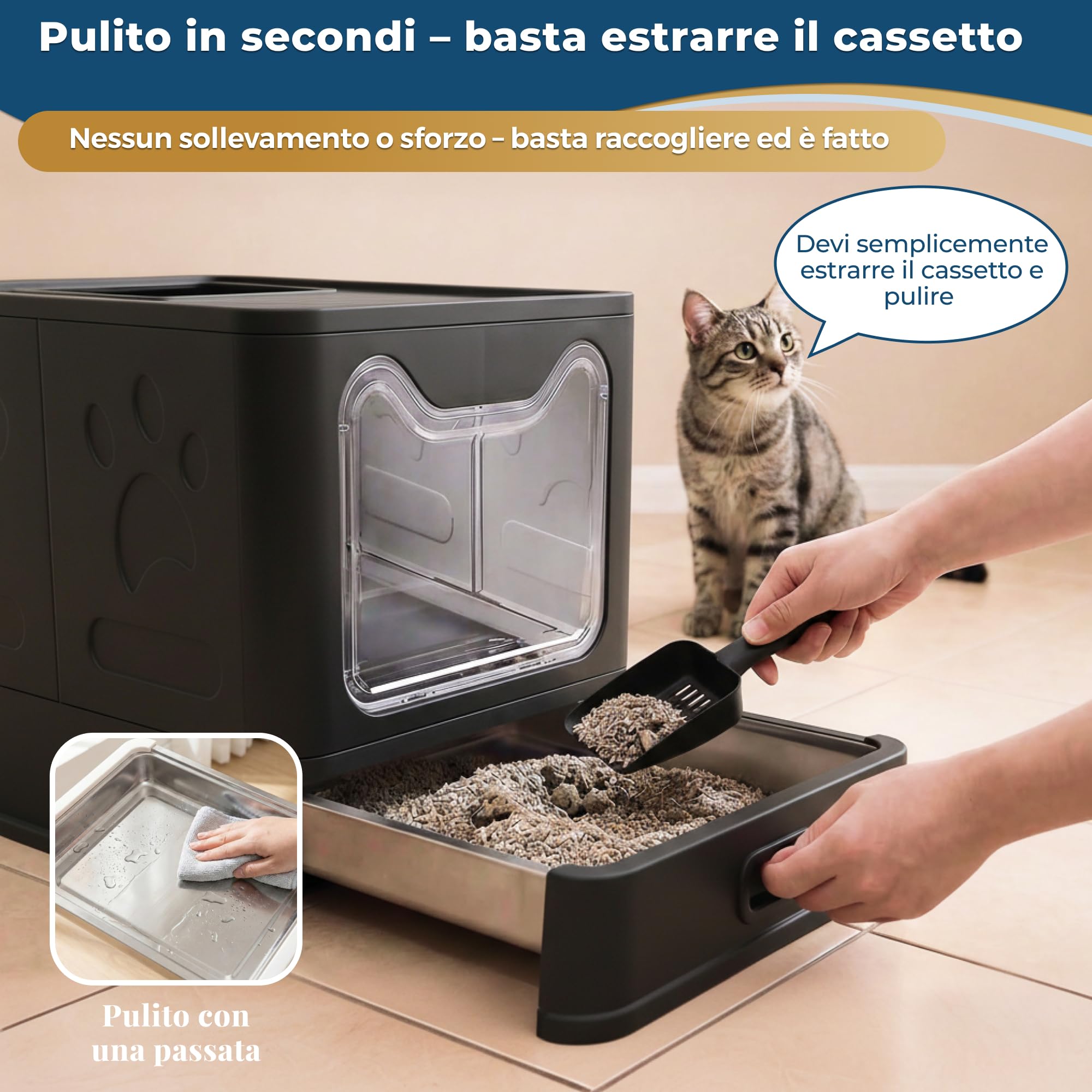 Lettiera gatto acciaio inox – Toilette chiusa con vassoio estraibile Antiodore, antiperdita, facile da pulire – Entrata avanti/uscita superiore – Lettiera gatto con paletta (38,3×51×41 cm),Nero