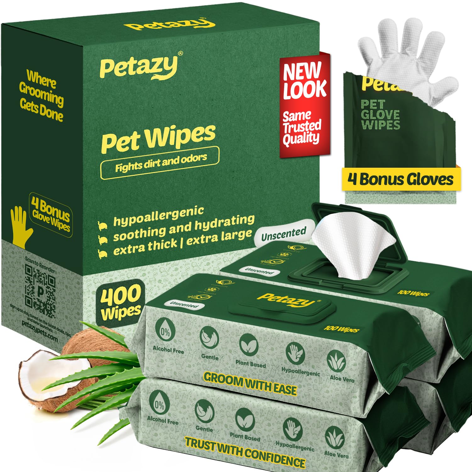 Petazy 400 Dog Wipes for Paws and Butt Ears Eyes | XL 8x8 Organic Pet Wipes for Dogs | Unscented Dog Wipes Cleaning Deodorizing | Extra Thick Paw