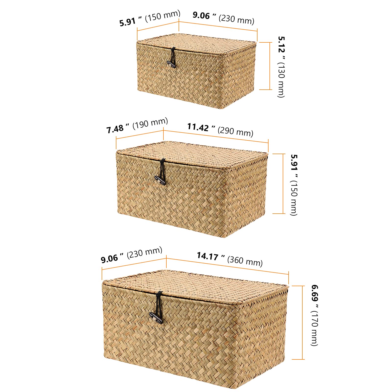 SEUNMUK Set di 3 cestini portaoggetti in alga marina con coperchio, rettangolari in rattan intrecciato a mano, organizer per la casa e decorazione, picnic, campeggio, viaggi, giallo