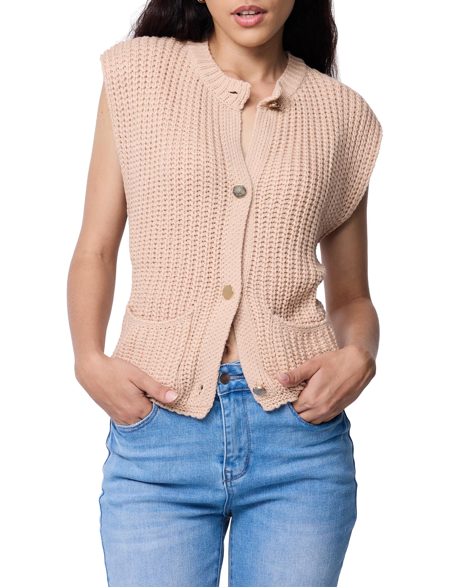 Womens Knit Sweater Vest Button Down Sleeveless Cardigan with Pockets Casual Cropped Knit Vest Top