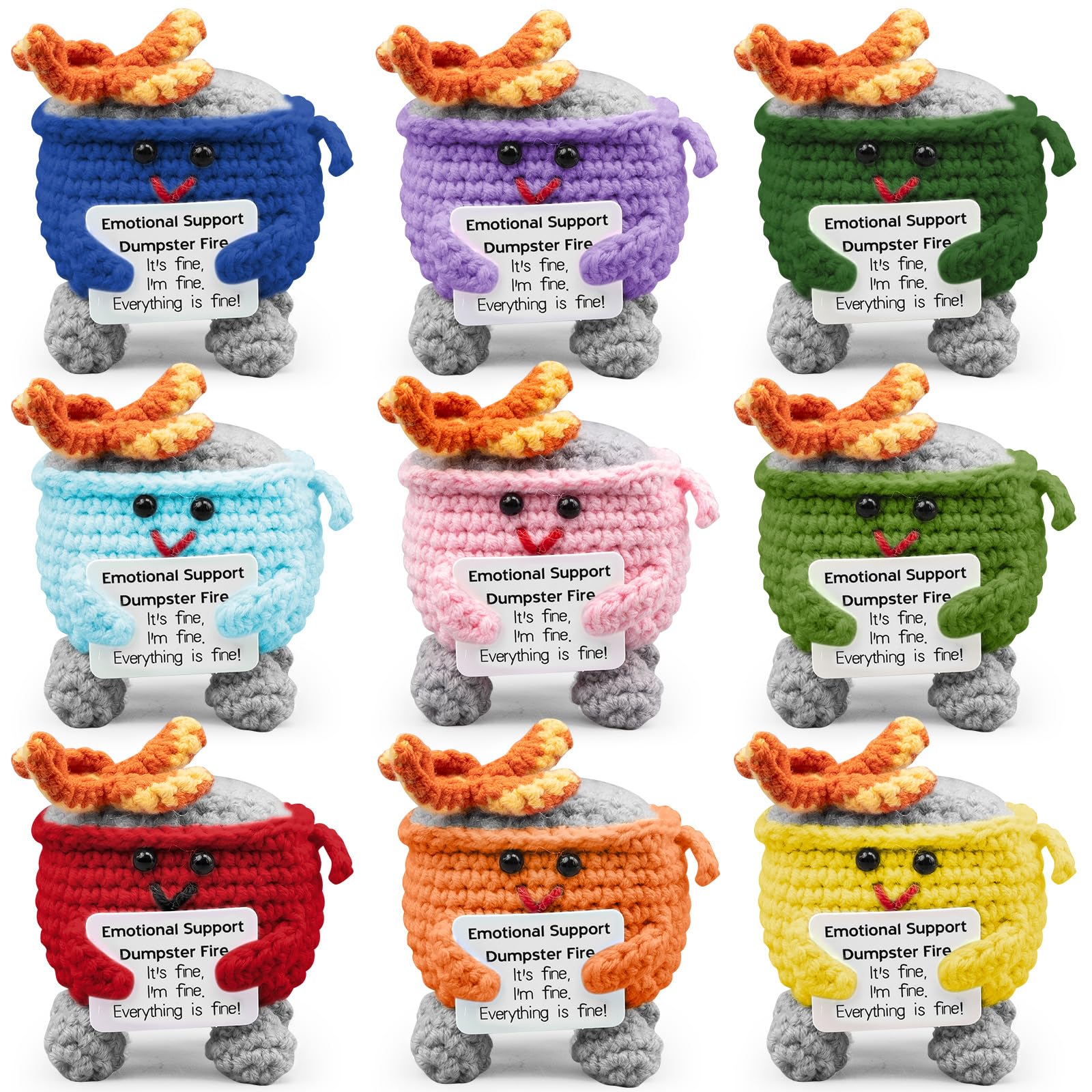 JTKDG 9 Pack Emotional Support Dumpster Fire Crochet Funny Desk Gift Set