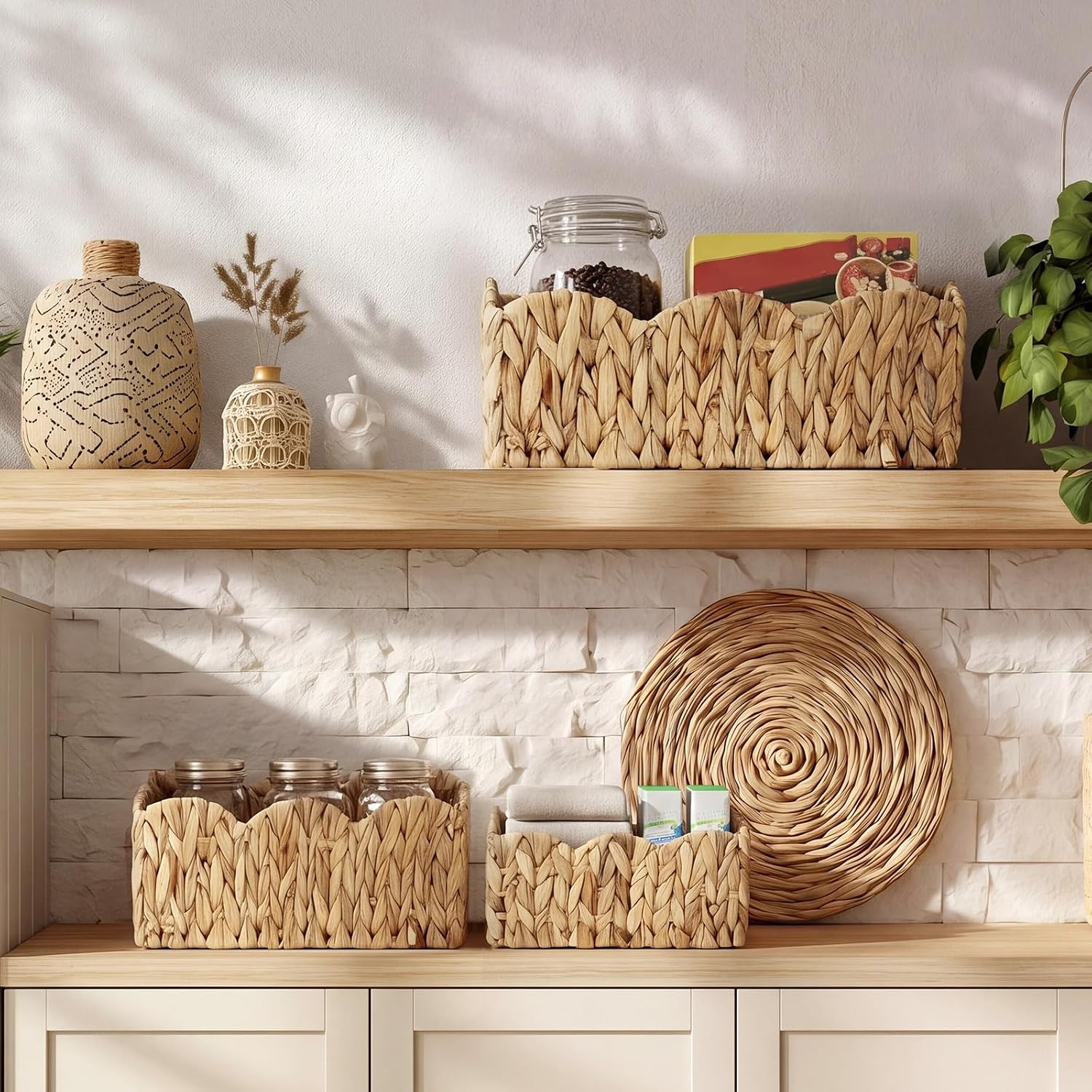 Newtay 3 Set Storage Baskets Scalloped Baskets Wicker Square Handwoven Basket with Built-in Cast Iron Shaping 7.5/9.5/11.5 Inches Nursery Storage Boxes for Home Bathroom Living Room Shelf Decor