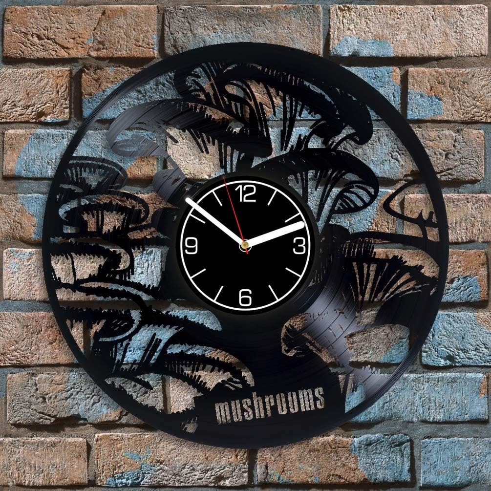Cooking Gift Nature Decoration 12 inch Wall Clock Mushrooms Vinyl Record Wall Clock Food Art Birthday Gift for Mother Nature Wall Clock Modern Mushrooms Vinyl Clock Mushrooms Wall Art