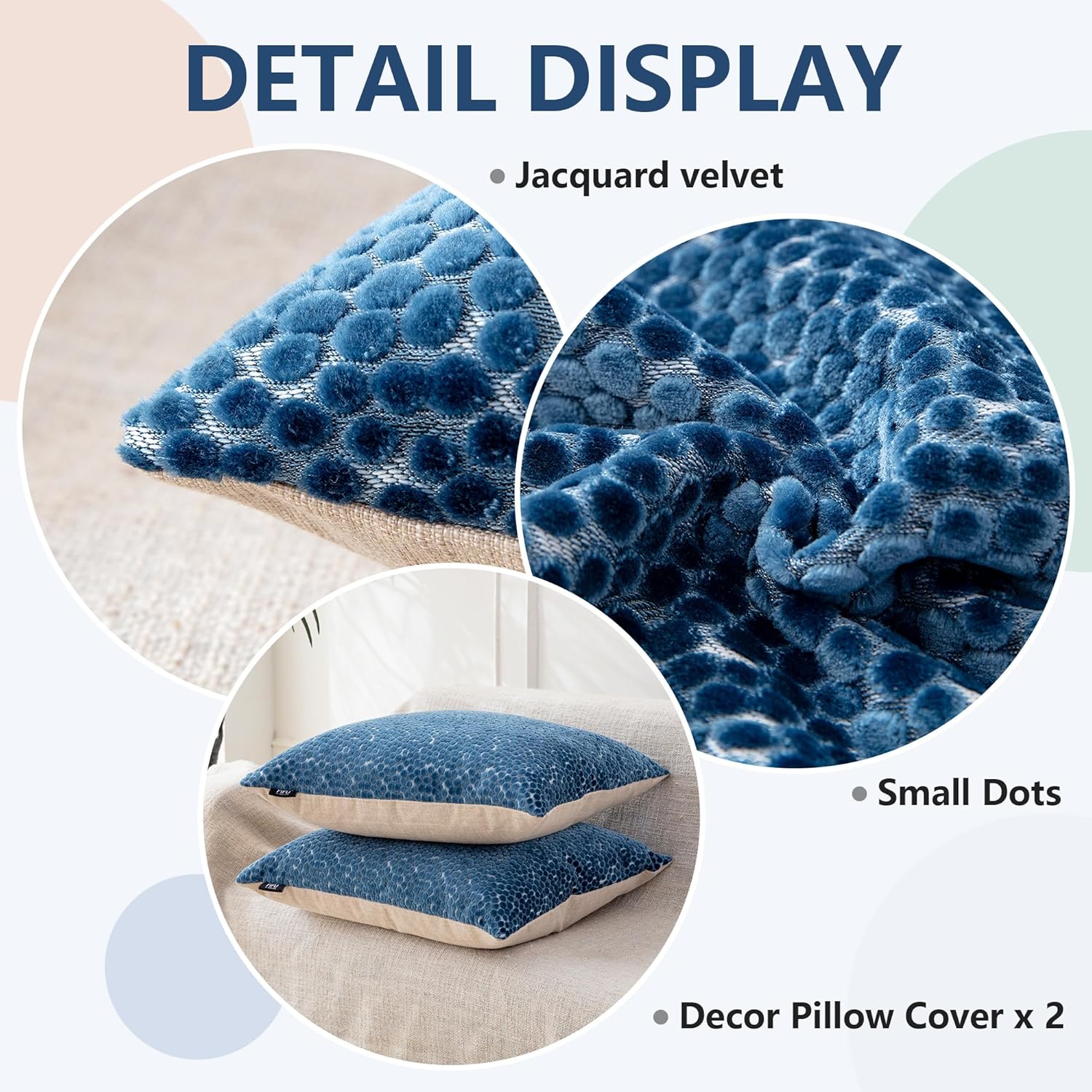 FIFU Couch Throw Pillow Covers 18x18 Inch Set of 2 - Jacquard Velvet Front & Neutral Textured Back, Decorative Cushion Covers with Invisible Zipper for Living Room, Bedroom & Home Sofa, Oxford Blue