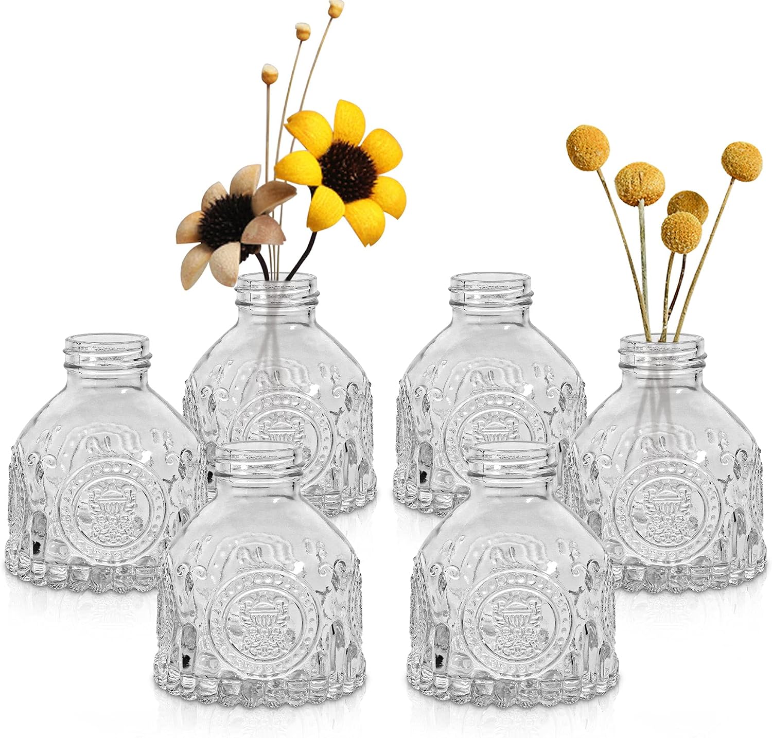 ComSaf Glass Bud Vases Set of 6, Small Vintage Flower Bottle, Petite Glass Flower Vase for Floral Arrangements, Decorative Centerpiece for Home Wedding Party Event Office, Modern Decor, Clear