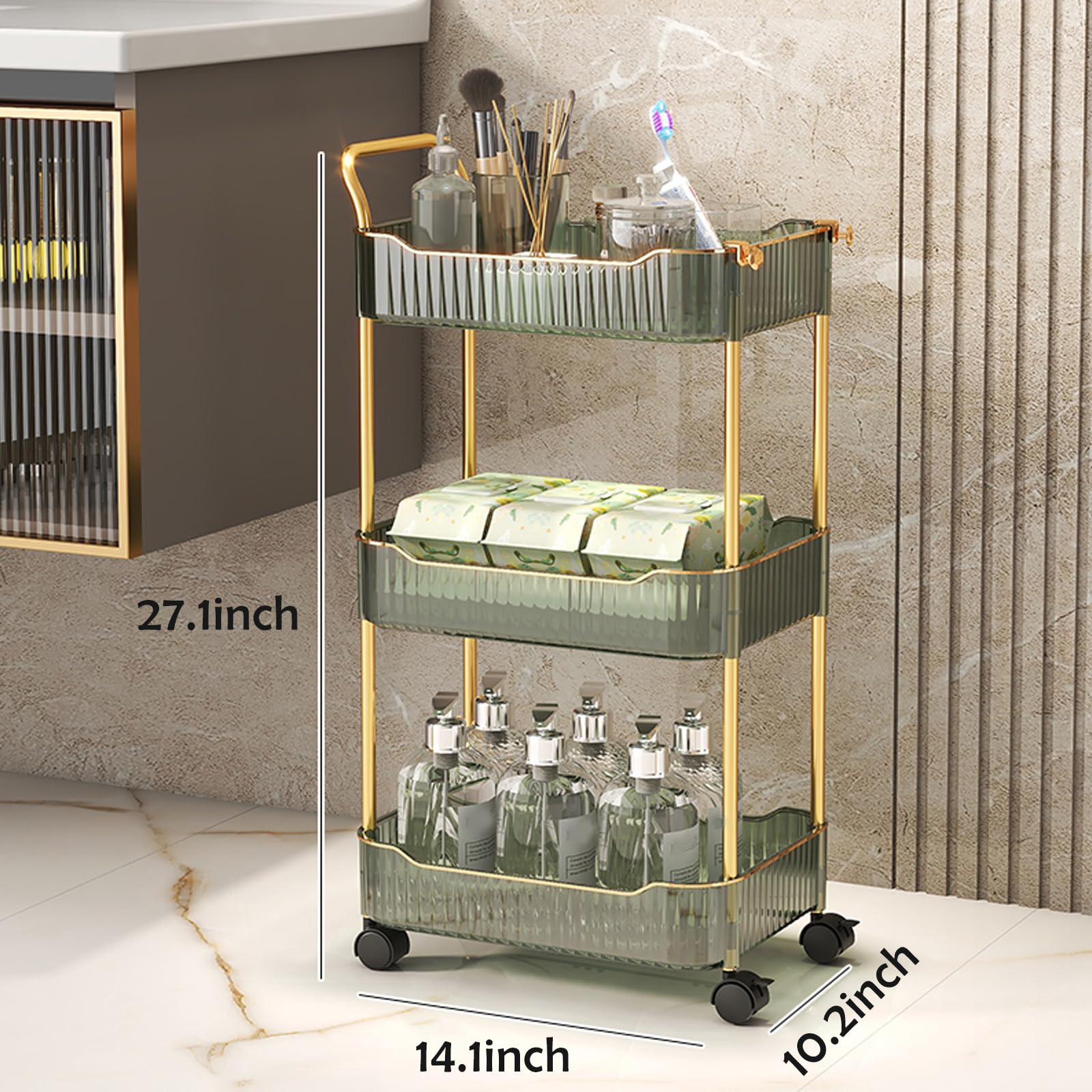 Carrello multiuso in acrilico verde – Carrello portaoggetti a 3 livelli con ruote bloccabili, ripiani mobili per bagno e cucina, soluzione versatile ed elegante