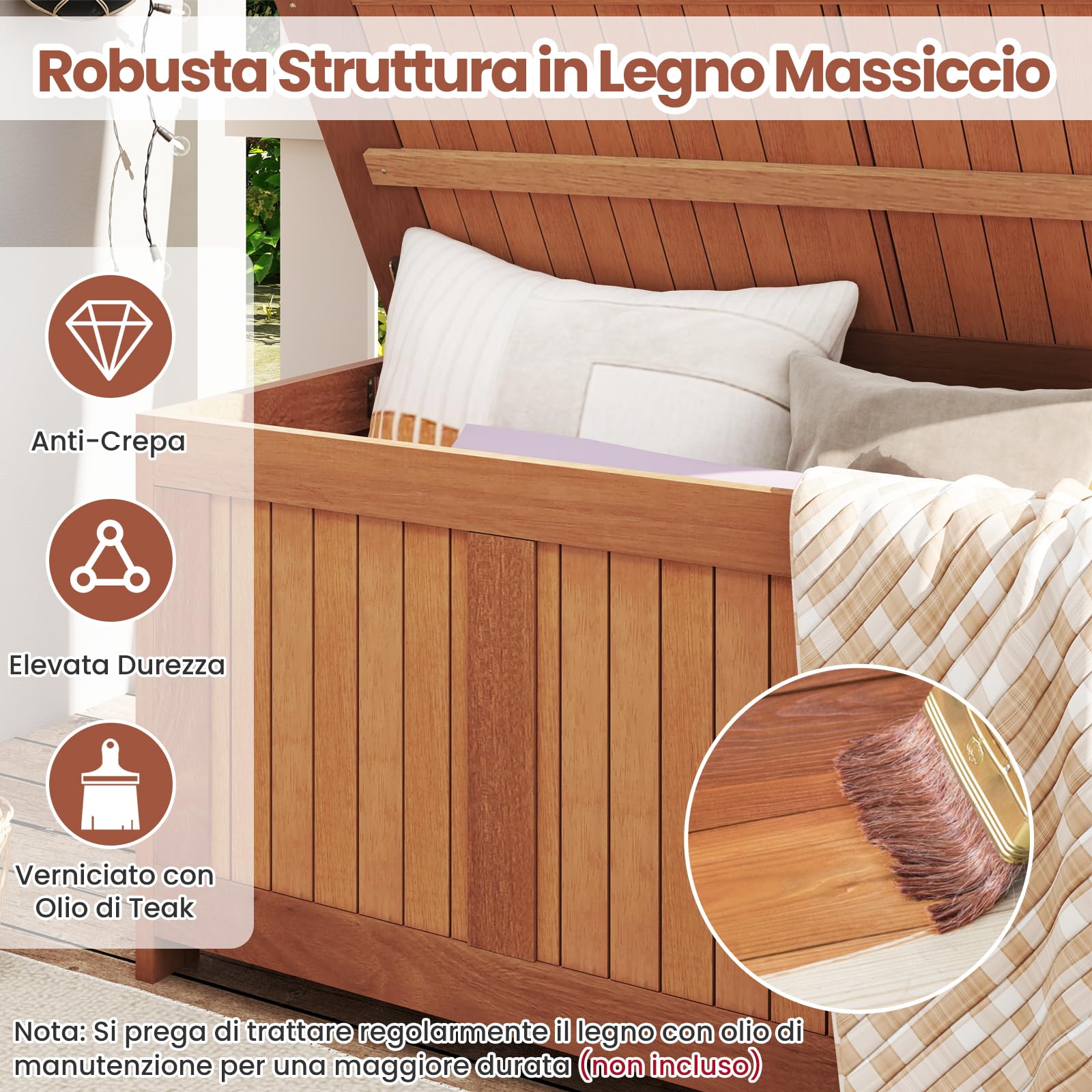 COSTWAY Baule da Giardino 220L, 3 in 1 Cassapanca Contenitore in Legno Massello con Coperchio Ribaltabile e Bordi Rialzati, Panca Portaoggetti per Interni e Esterni, 113,5 x 52 x 58,5 cm
