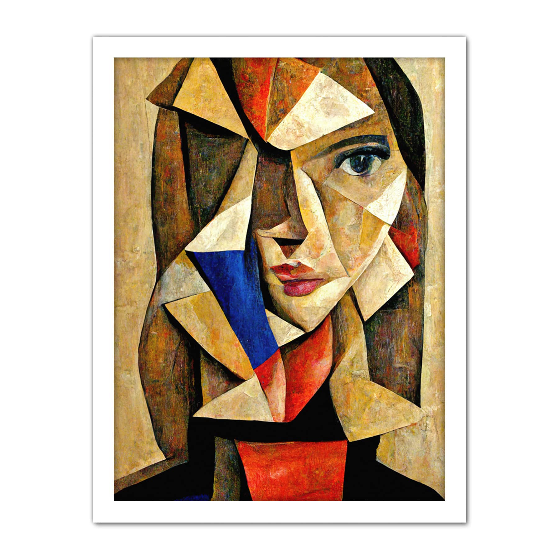 Doppelganger33 LTD Painting Cubism Style Portrait Of Young Woman Beige And Brown Artwork Framed Wall Art Print 18X24 Inch