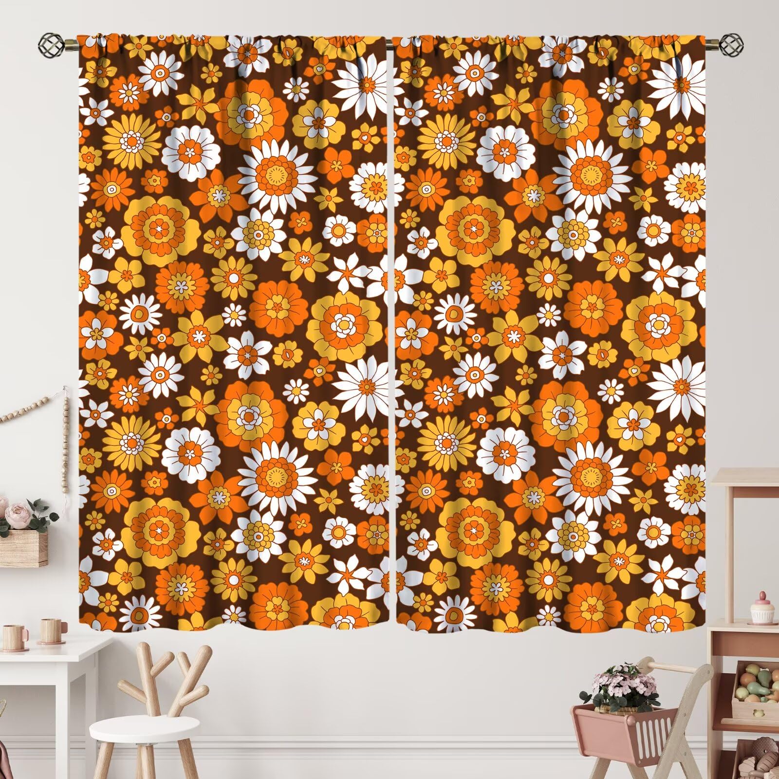 ZhiRain Vintage Colorful 70s Style Curtains Retro 60s Floral Hippie Fashion Flower Curtain with Rod Pocket for Living Room Bedroom Home Decor Drapes