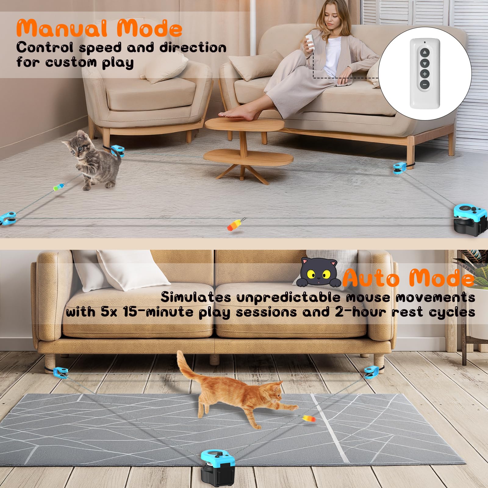 Juguete interactivo para gatos para interiores, caminadora automática para gatos con control remoto, 3 velocidades, motor silencioso y diseño duradero, juguetes de plumas de caza para interiores,