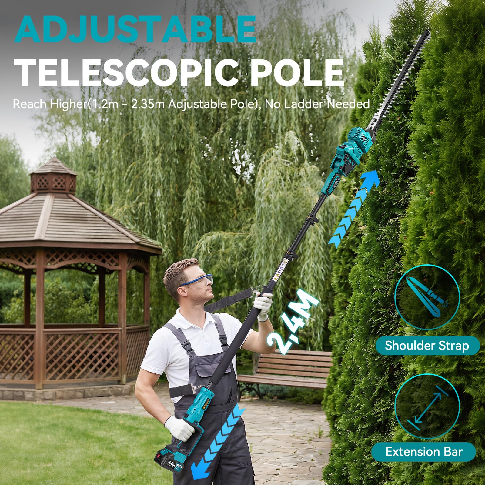 Yofidra Akumulatorowa Teleskopowa Nożyce do Żywopłotu, Elektryczne Nożyce z 40 cm Ostrzem ze Stali, 2×3,0 Ah Akumulator, 2,4 m Teleskopowa Rura, 180° Obracana Głowica