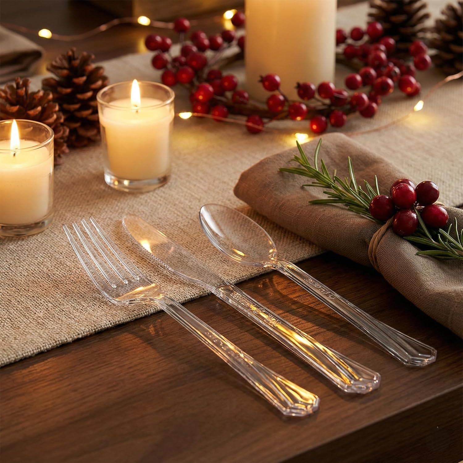 Hanna K. Signature 240 Count Clear Plastic Silverware Set, Heavyweight Elegant Disposable Cutlery Combo, 80 Forks, 80 Spoons, 80 Knives - Image 3