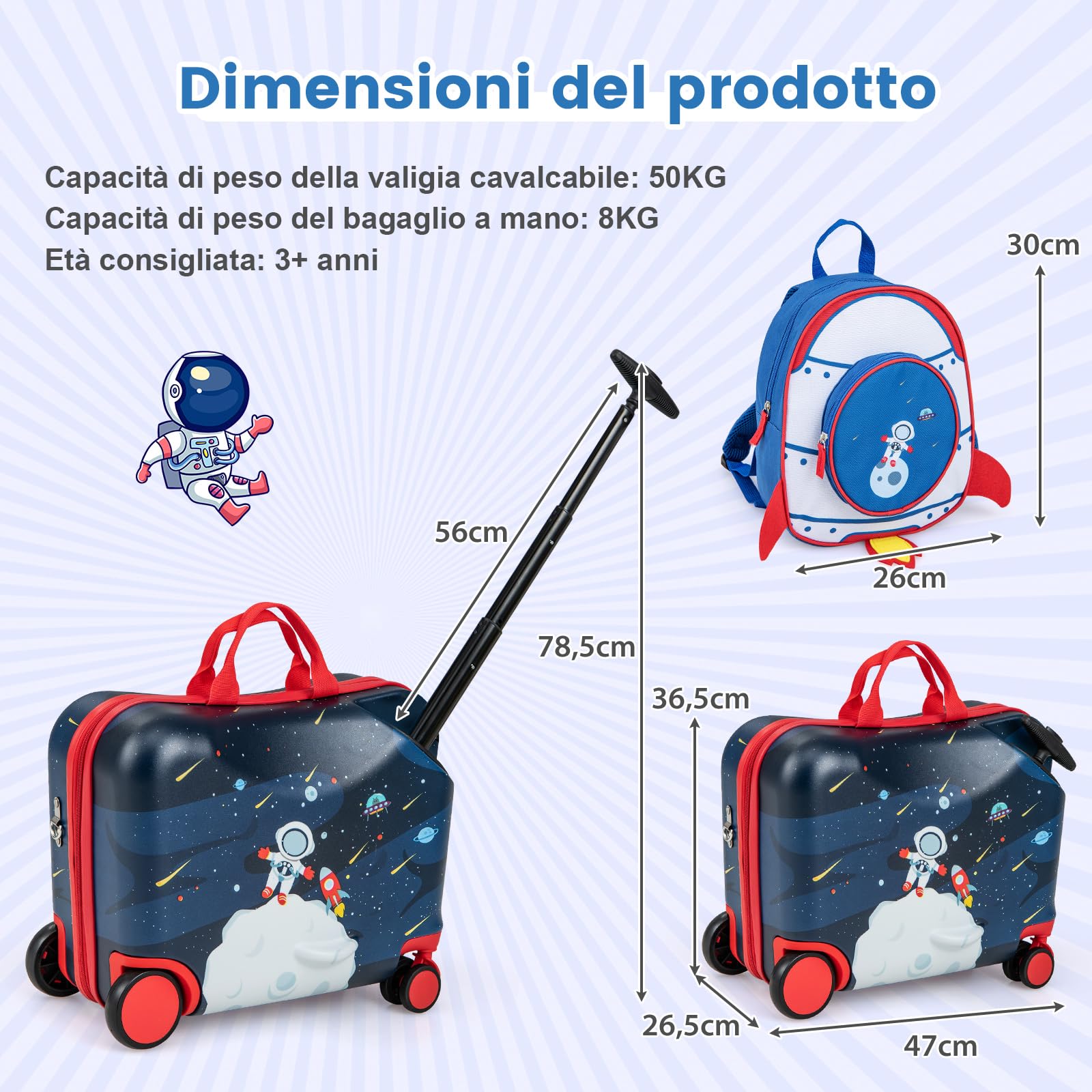 COSTWAY Valigia Cavalcabile per Bambini, 18" Valigia+ 12" Zaino,2 Pezzi, Trolley Bambini Bagaglio a Mano con Ruote Girevoli e Maniglia Retrattile, 2 Cingie Multiuso (Modello 4)