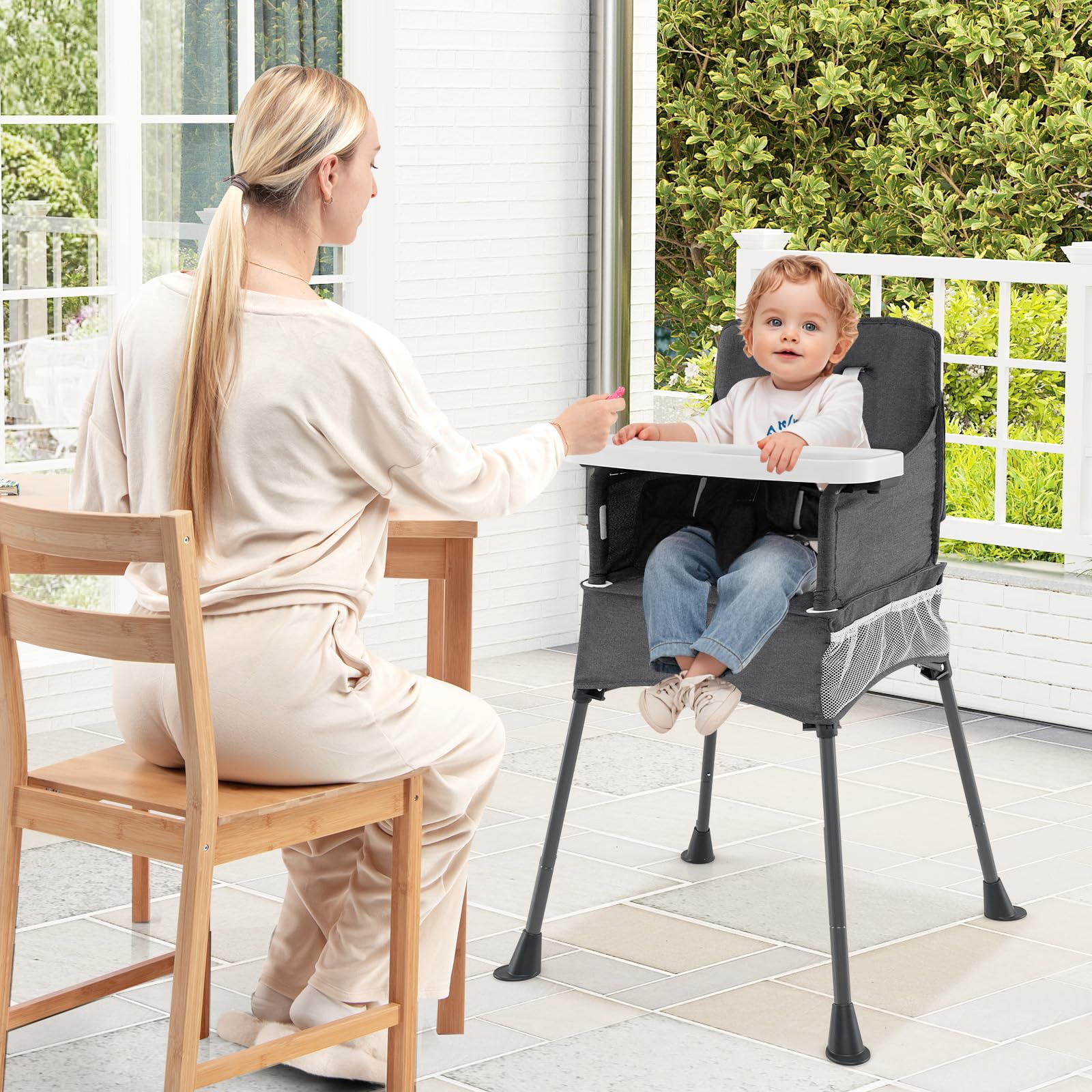 GOPLUS Trona Plegable para Bebés, Silla Alta Portátil Moderna de Viaje con Bandeja de 2 Posiciones, Protector Ajustable de Seguridad, Tejido Lavable, Bolsillos para Comer para Bebés de 6 a 36 Meses