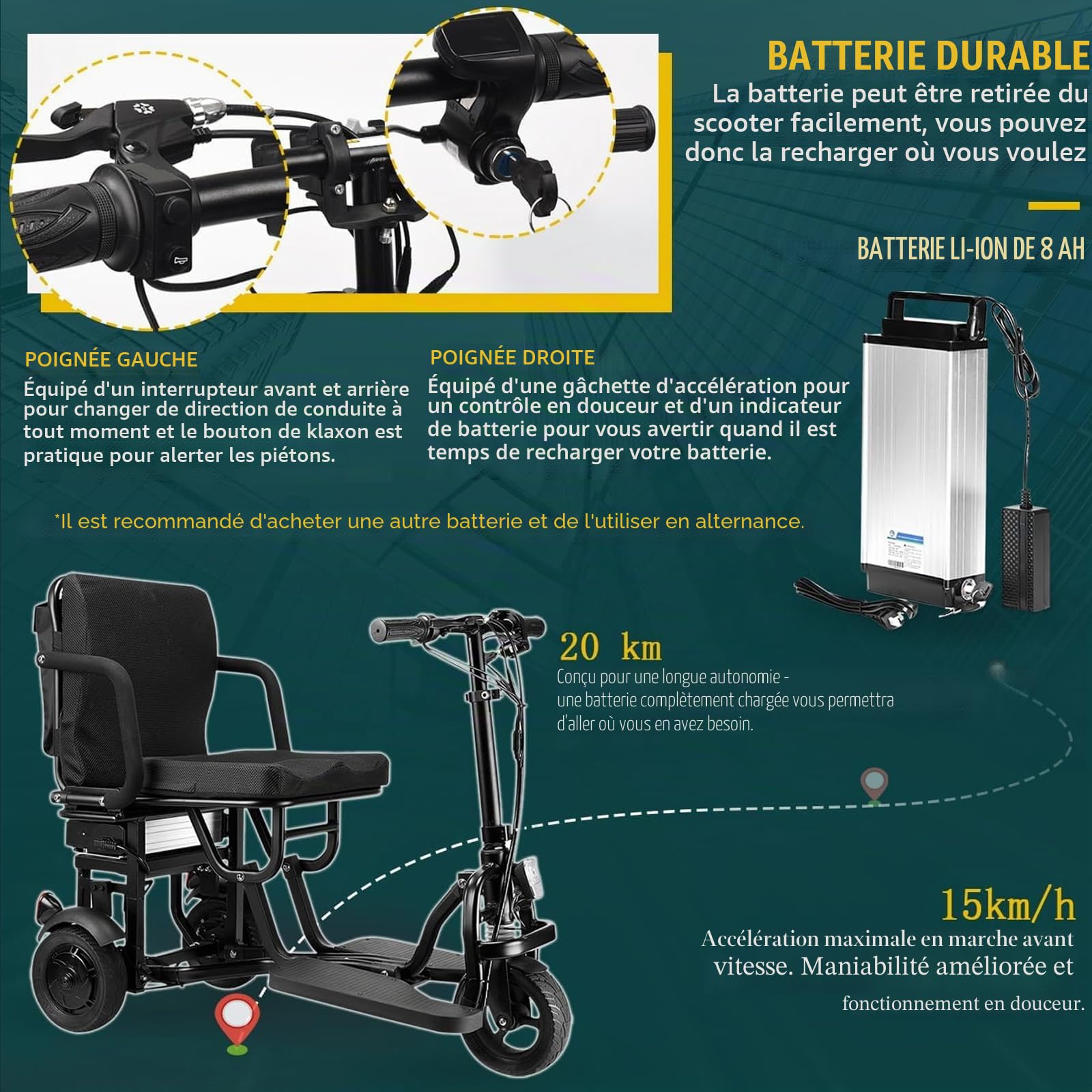 Véhicule électrique pliable de 20 Km, fauteuil roulant électrique, pliable, batterie amovible, fauteuil roulant électrique pliable, léger jusqu'à 130 kg