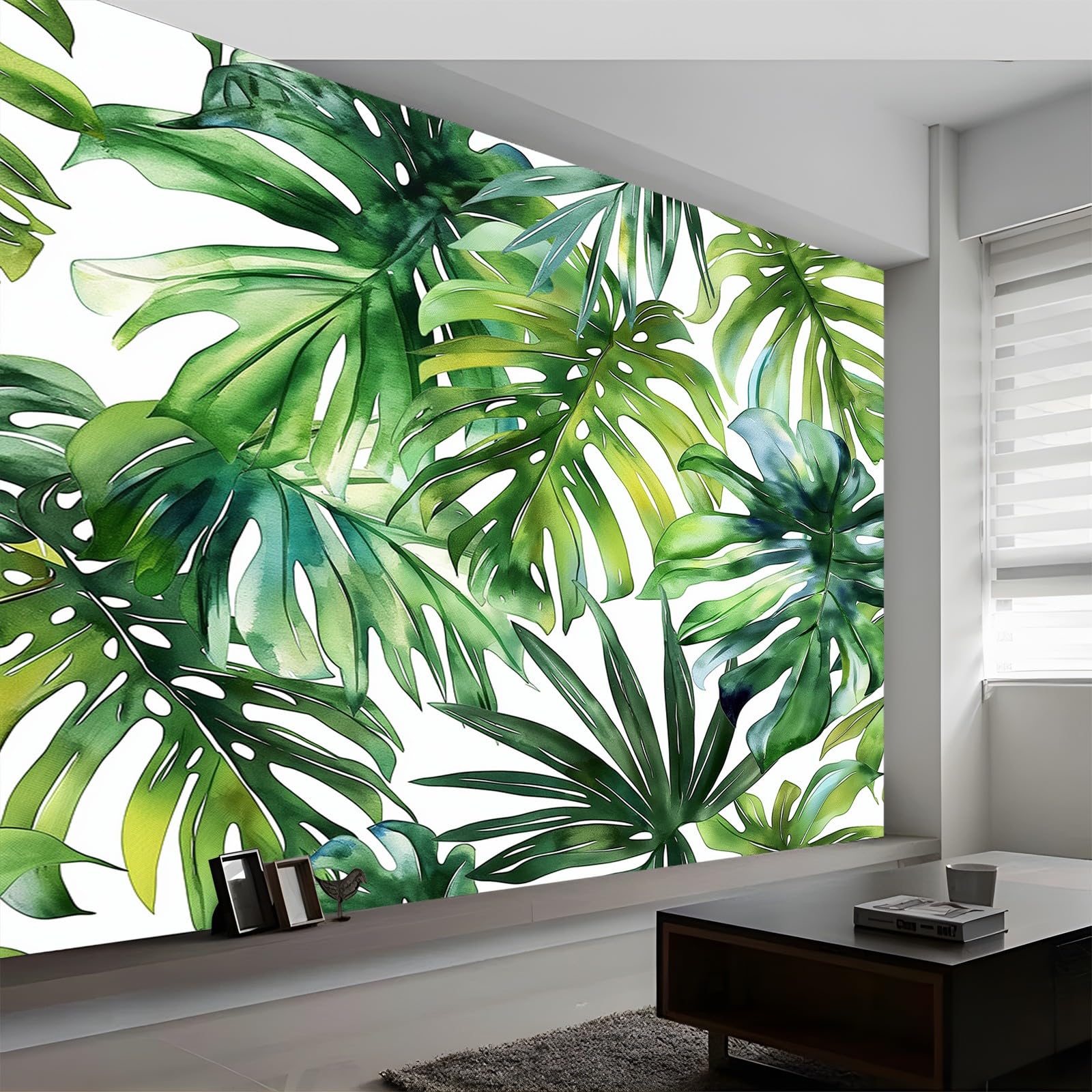 Tapeta 300 x 210 cm, tapeta z włókniny, tropikalne liście w stylu akwareli, wodoodporna, folia ochronna na ścianę, do sypialni, salonu, tapeta ścienna, fototapeta, biała i zielona, w zestawie poradnik