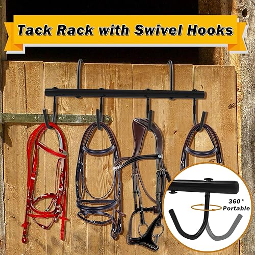 Miniatura 3 de Estante de 4 ganchos para bridas de caballo con ganchos giratorios, ganchos para bridas de caballo, organizador portátil de metal para accesorios de